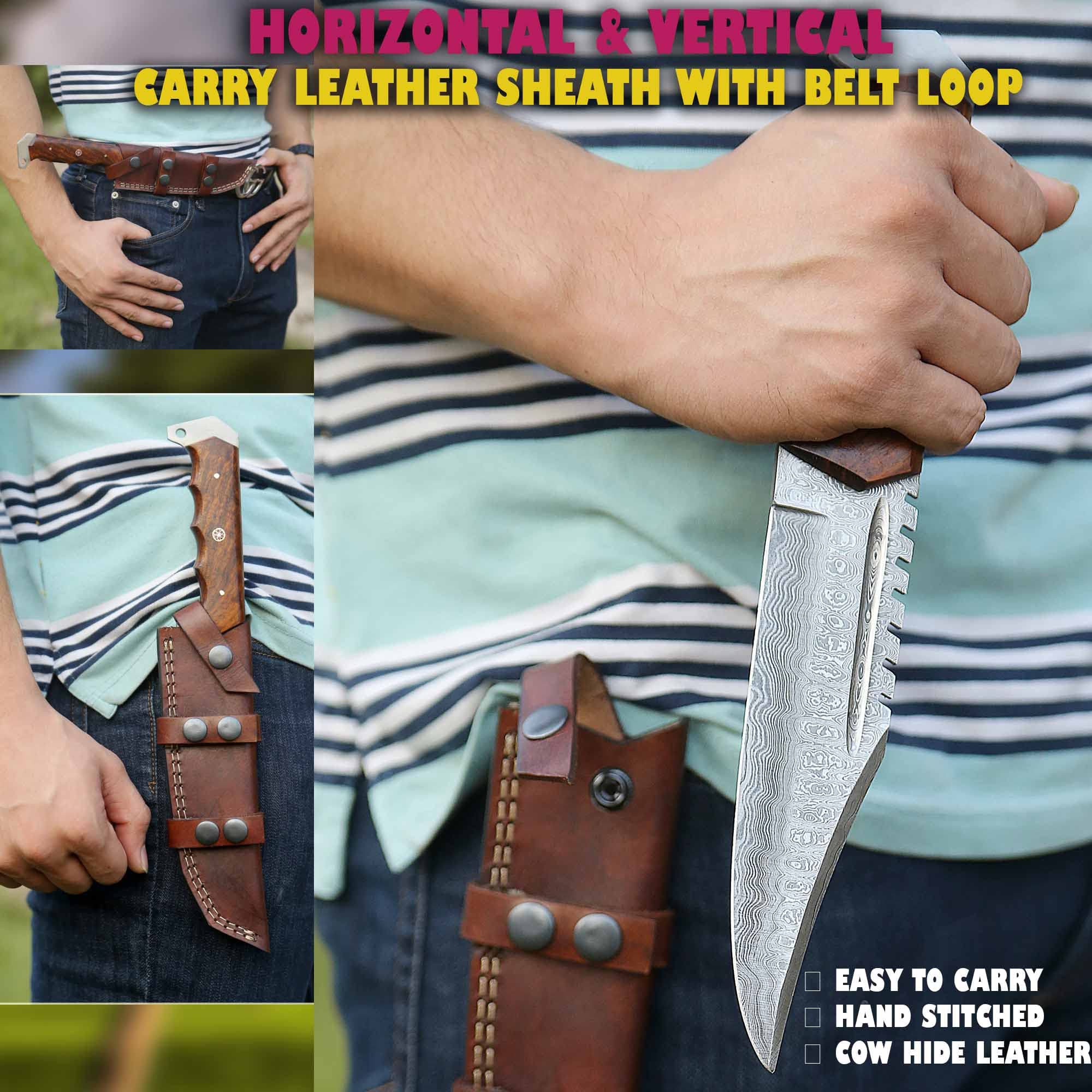 Handmade Damascus Bowie Knife For Hunting Skinning Outdoor Damascus