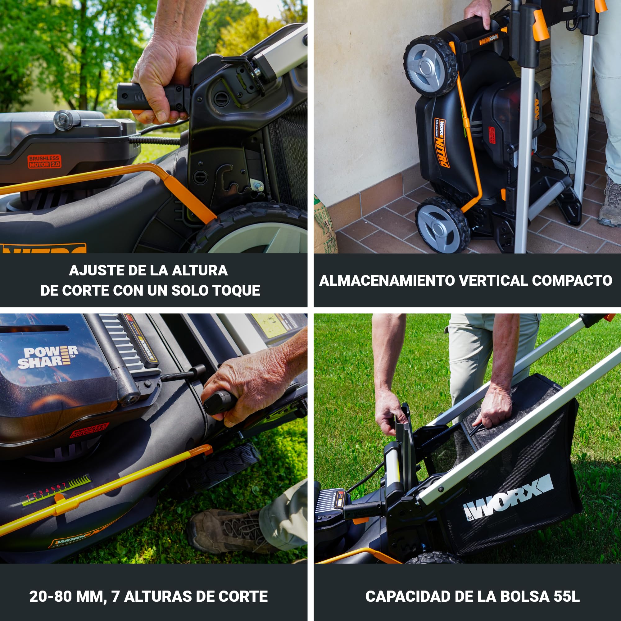WORX - Cortacésped sin escobillas inalámbrico 20V-2*20V -4Ah - WG748E - Ø46cm - Hasta 500m² con una carga (Corta hasta los bordes, entregado con 2 baterías, un cargador, bolsa de 55 L, mulching)