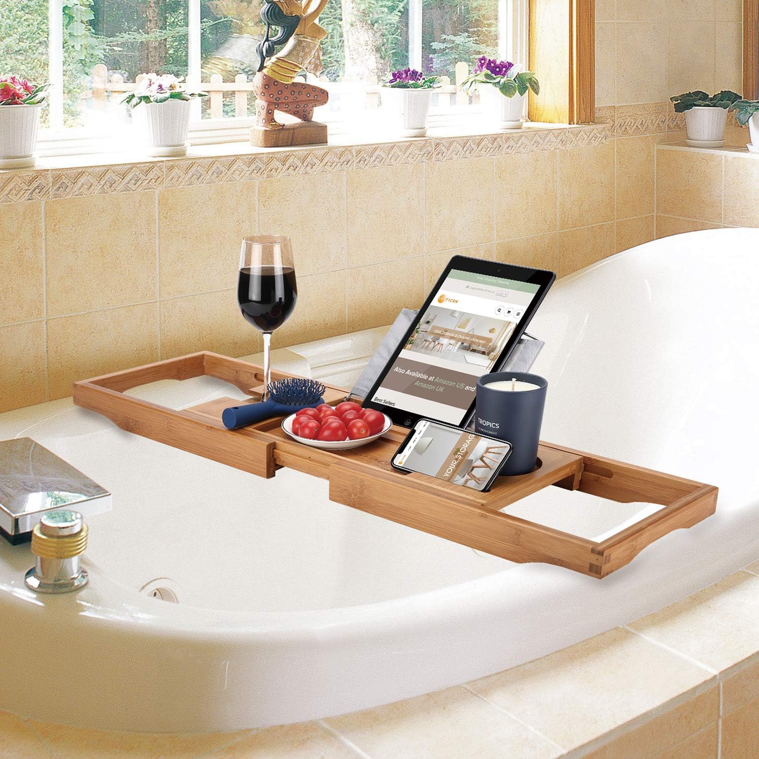 SUNFICON Bathtub Caddy Tray Rack Shelf Bamboo Bath Tray with Extending Sides Mug/Wineglass/Smartphone Holder, Metal Frame Book/Pad/Bath Rack with Waterproof Cloth Non-Slip Rubber : Home & Kitchen