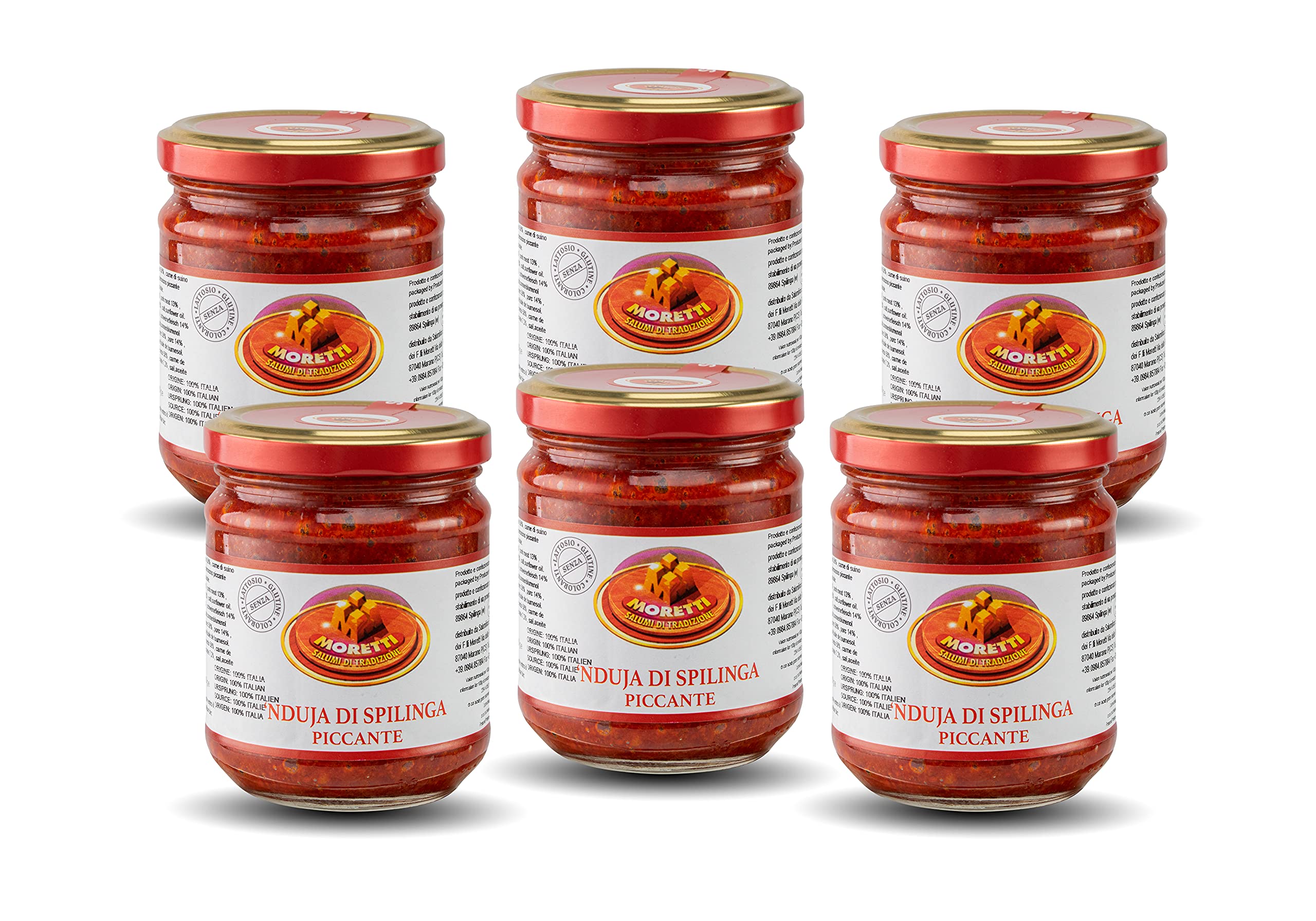 Moretti® Nduja Calabrese Picante Artesano y Original SIN OGM Salami Untable y Cremoso en Tarro de 180gr (6 Piezas)