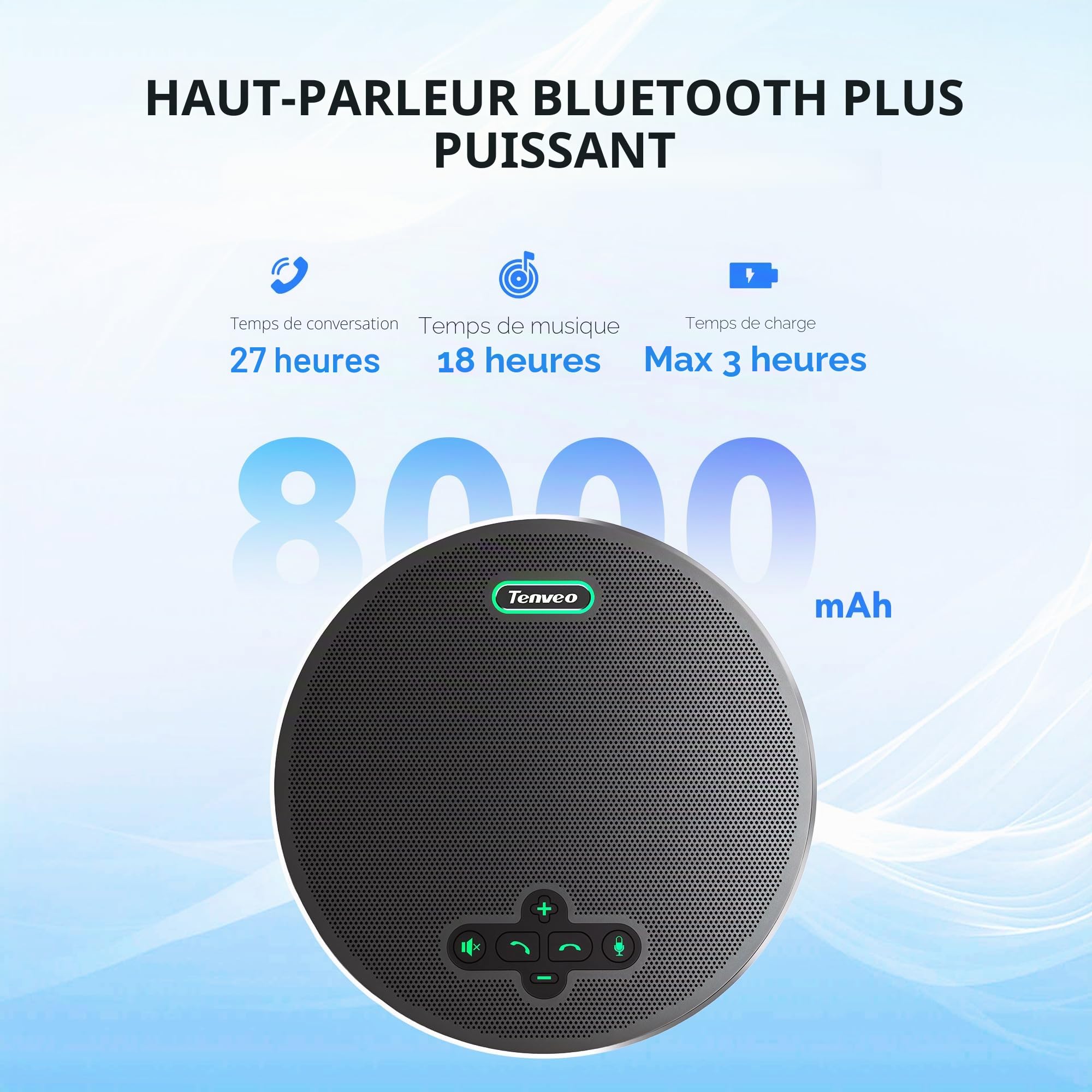Tenveo Haut-Parleur de Conférence Bluetooth sans Fil, 8 Micros Omnidirectionnels 360°, Portée 6m, 18H Autonomie, Microphone de Réunion USB pour 15 Personnes, Compatible Zoom/Teams/PC