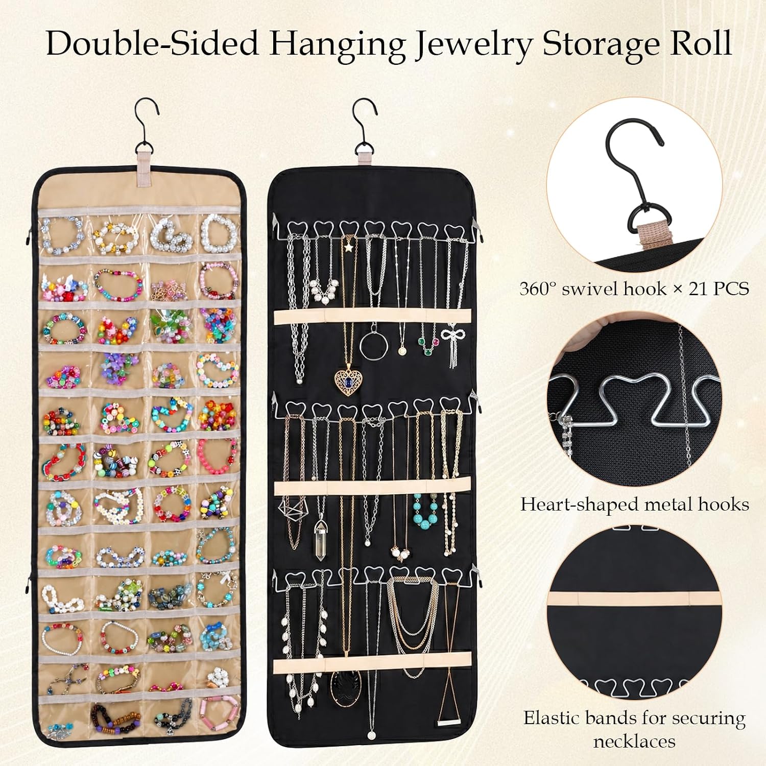 2 Pack Hanging Jewelry Organizer Storage with Hanger and 48 Pockets, Metal Necklace Hooks Double-Sided Jewelry Holder for Earrings, Necklaces, Rings on Closet, Wall, Door, Large, Black