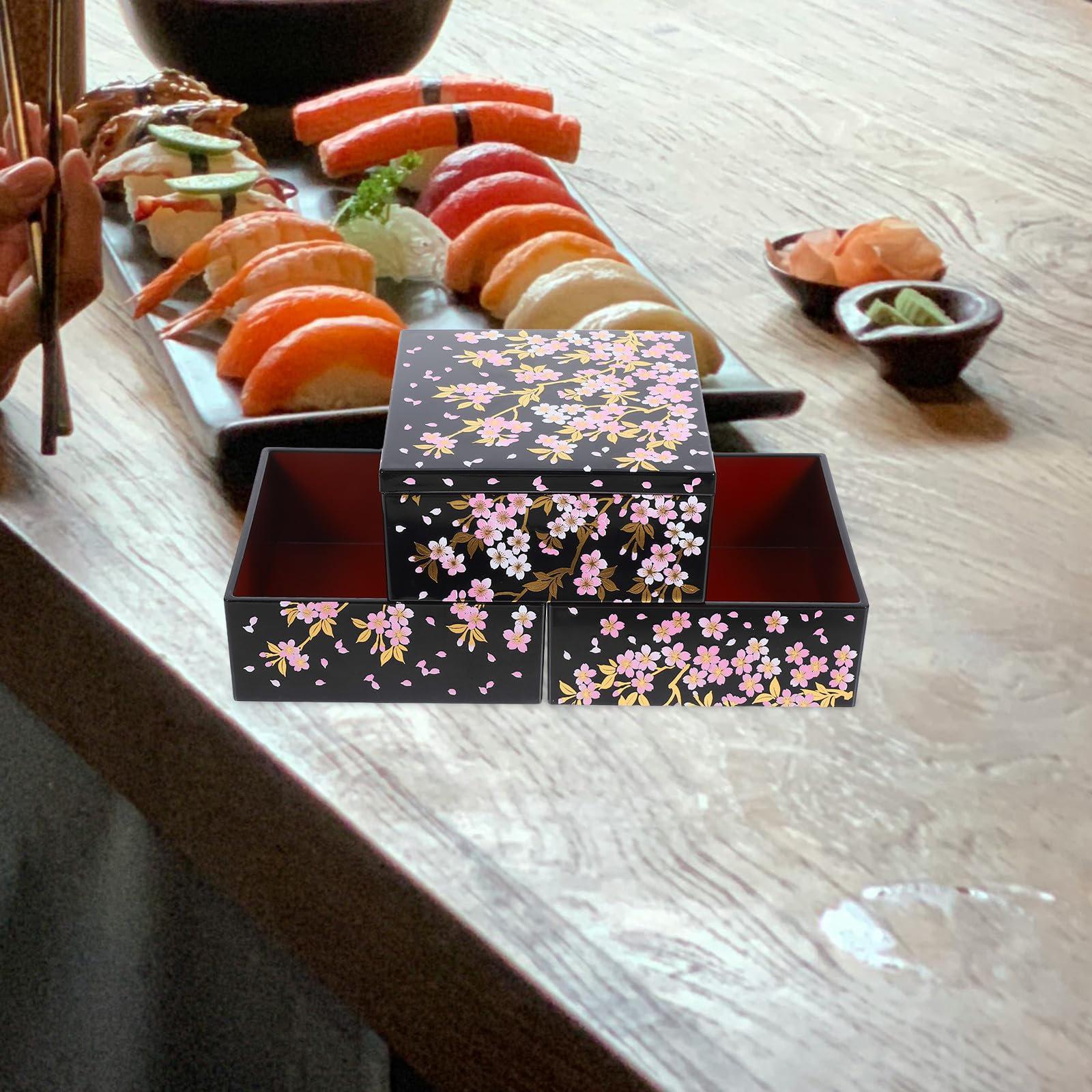 Gadpiparty Scatola Sushi Giapponese a Strati con Decorazione Fiori di Ciliegio Oro Contenitore Raffinato per Snack e Sushi per Feste Pranzi e Picnic