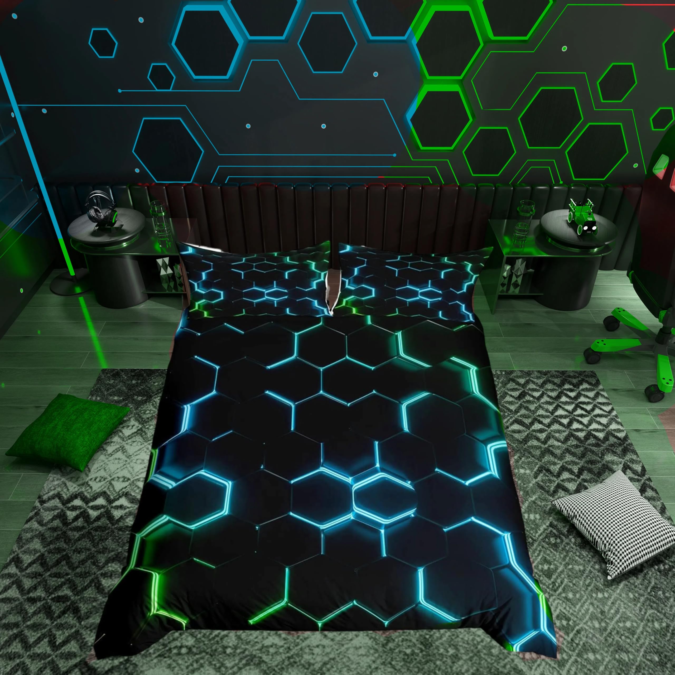 Teal Green and Black Print Duvet Cover Hexagonal Bedding Set Kids Boys Teens Honeycomb Decor Comforter Cover Beehive Geometric Bedspread Cover Bedroom Collection 2Pcs Single Size