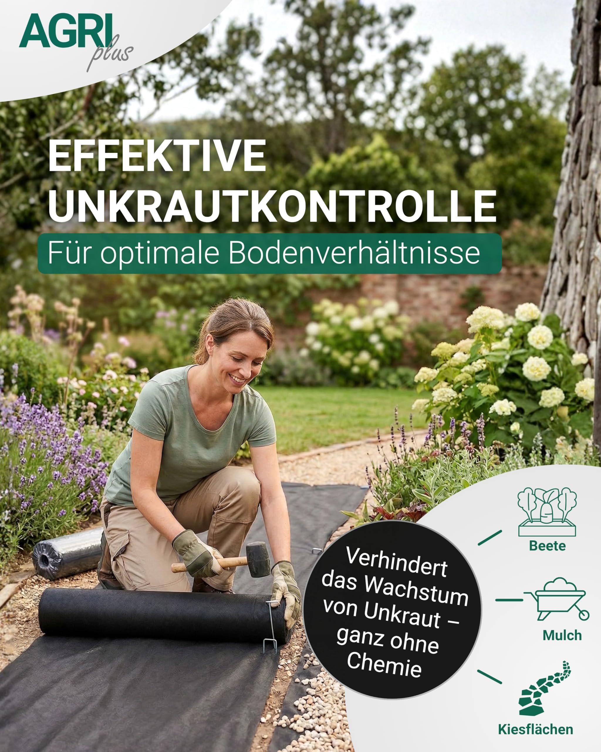 AGRIplus Unkrautvlies 100 g/m² I 1,2 x 25 m I Verschiedene Maße I UV-beständig & reißfest I Effektive Unkrautkontrolle, wasserdurchlässig & wärmespeichernd I Gartenfolie für Beete, Wege & Mulchflächen