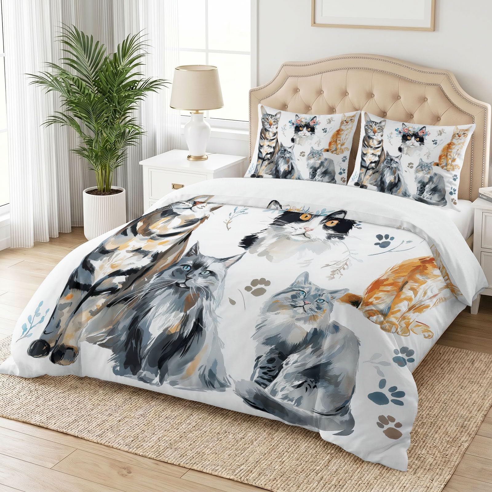 Juego de funda de edredón de tamaño King dibujado a mano con cremallera oculta, estampado de huellas de gato, microfibra con 2 fundas de almohada de 50 x 75 cm, reversible, transpirable