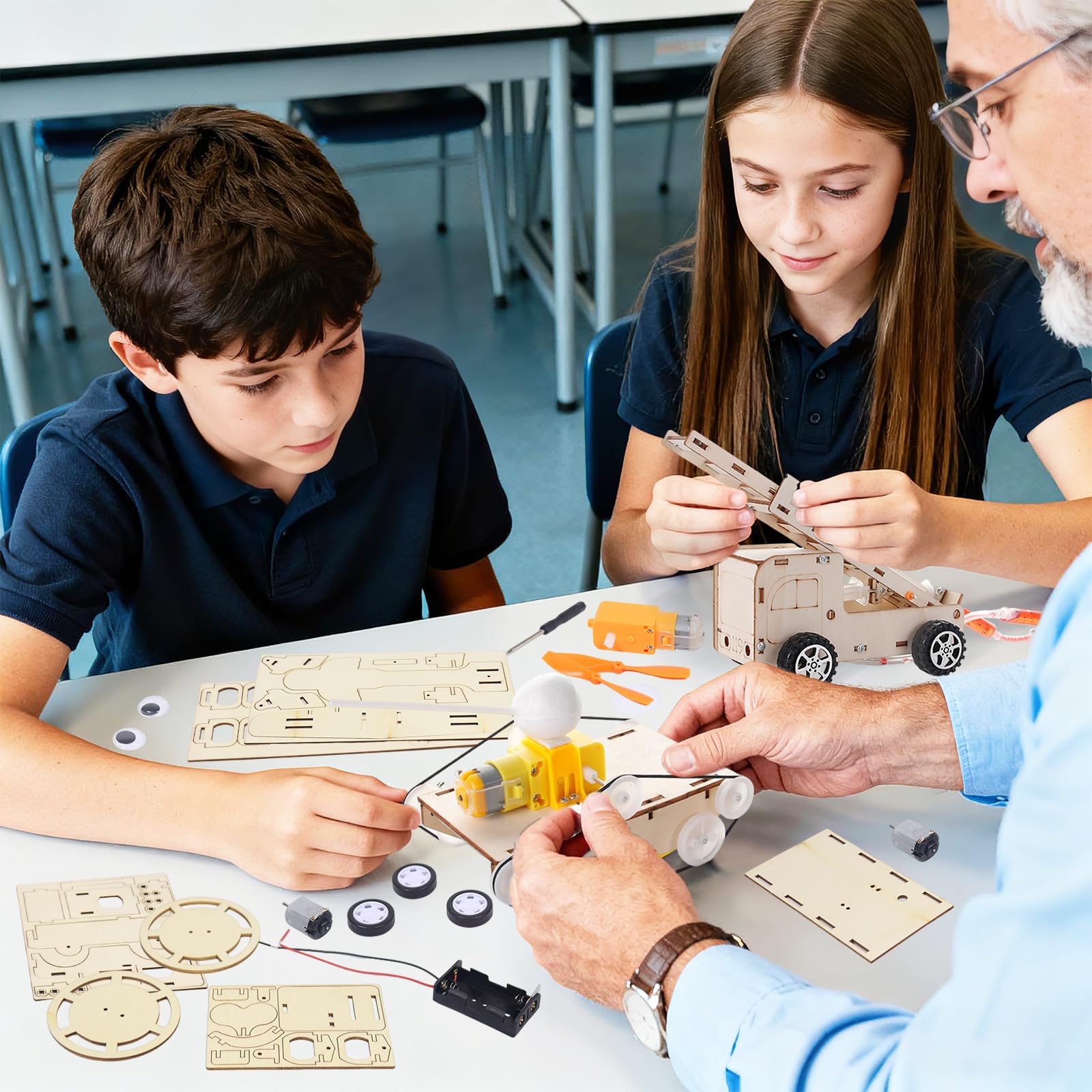 6 piezas de set de experimentos, kit de electrónica, kit de experimentos, kit de electrónica 6-en-1 de madera STEM experimentos ciencia conjunto de madera coches aviones vehículos espaciales regalo