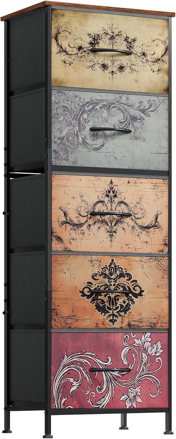 WLIVE Fabric Dresser, 5-Drawer Tall Dressers for Bedroom, Storage Dresser Organizer with Fabric Bins, Wood Top, Sturdy Steel Frame, Chest of Drawers for Closet, Hallway, White