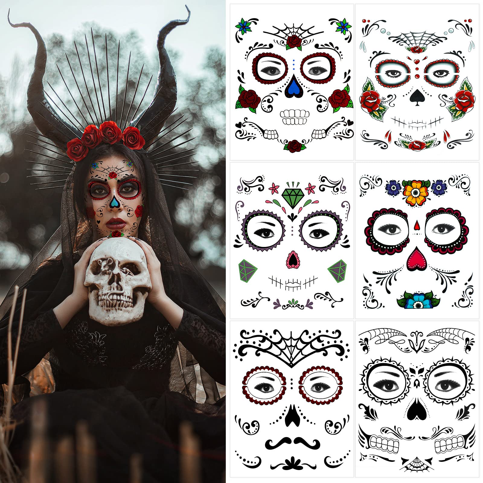 6 Sets Halloween Face Tattoo Stickers Day of the Dead Temporary Tattoo Stickers Skull Floral Waterproof Face Stickers Transfers Face Tattoo for Masquerade Costume Party Bar Performances Men Women Kids