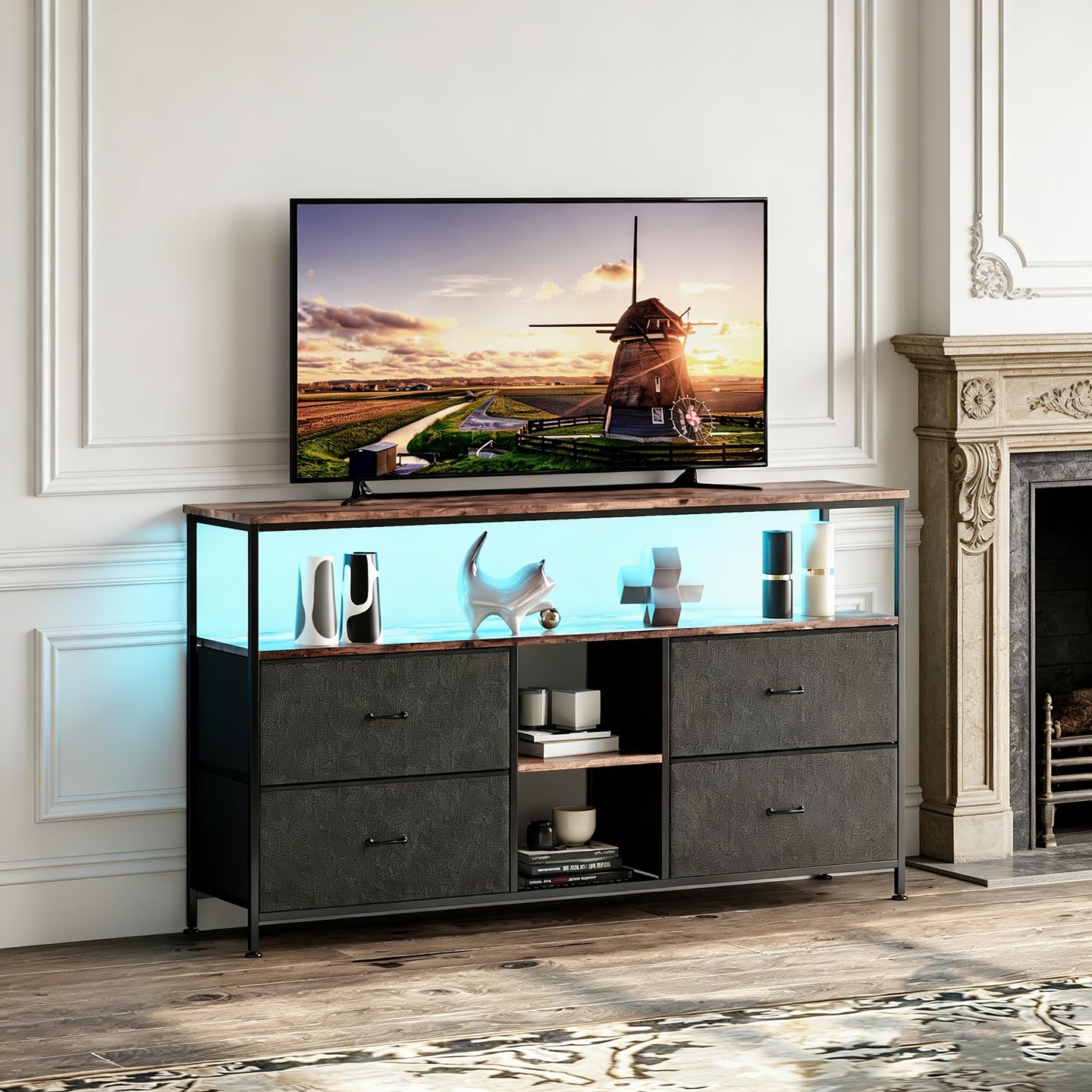 Mueble de TV con luces LED, 4 cajones de tela, estantes abiertos, estilo industrial, madera rústica y metal negro