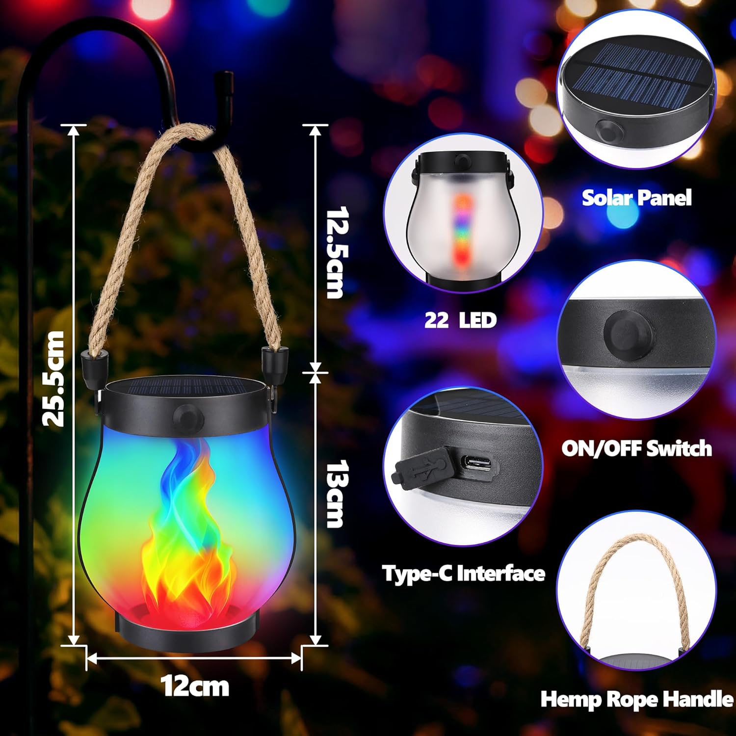 iBaycon 2 Pack Solar Lanterns Lights, Christmas Flickering Flame Garden Lights with 2 Modes Dual Charging USB & Solar, Outdoor Waterproof Hanging Lantern for Holiday Christmas Decor (Multicolor) - Image 3