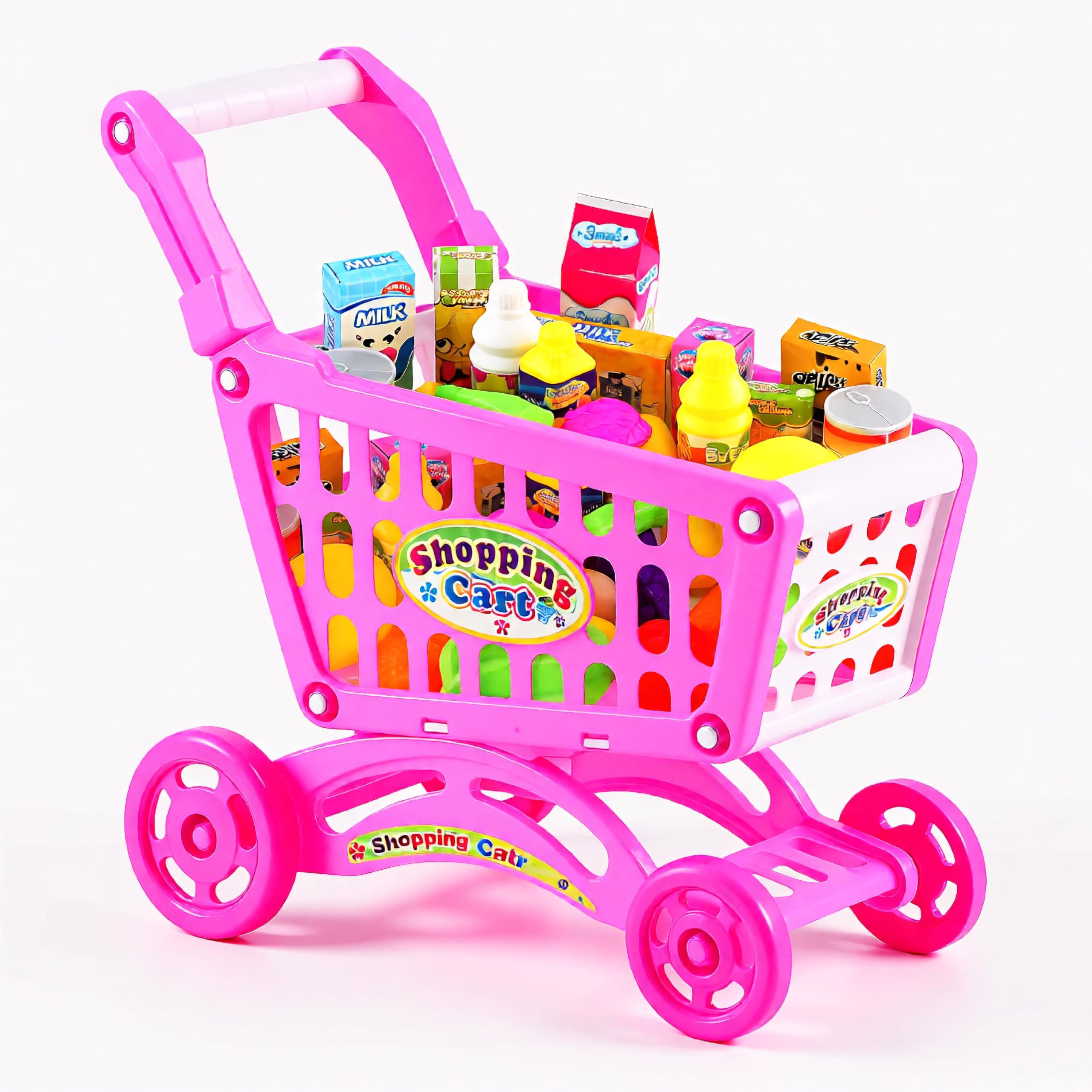 The Magic Toy Shop Kids Shopping Trolley Toy with Accessories - Pink, Pretend Play Food, Grocery Cart, Role Play Fun - Child's Shopping Trolley for Toddlers, Supermarket Toys for Learning