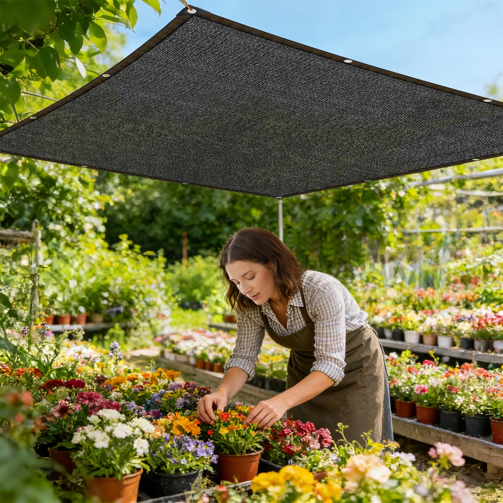 Sonnensegel, 70 % für Garten, Gewächshaus, Pflanzen, 4,8 x 4,8 m, schwarze Sonnenblende, Netzplane mit Ösen, Sonnenschutz, Baldachin für Außenbereich, Pergola, Terrasse, Blumen, Rasen, Zwinger