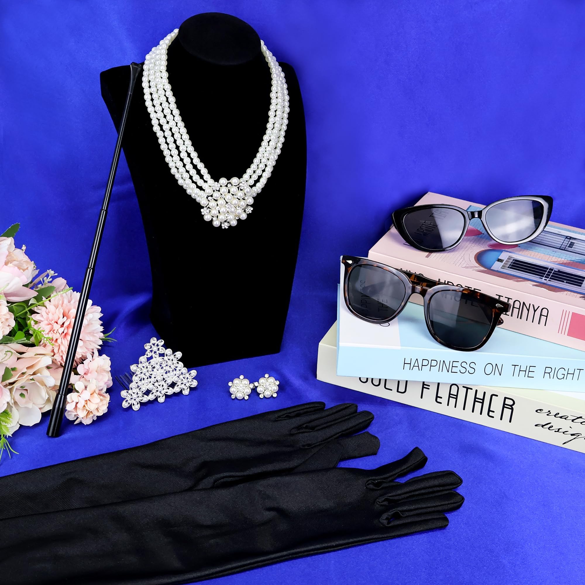 Horolam 6 accesorios de los años 20, accesorios retro de los años 20 para mujer, collar de perlas, aretes, soporte para cigarrillos, guantes, gafas de sol