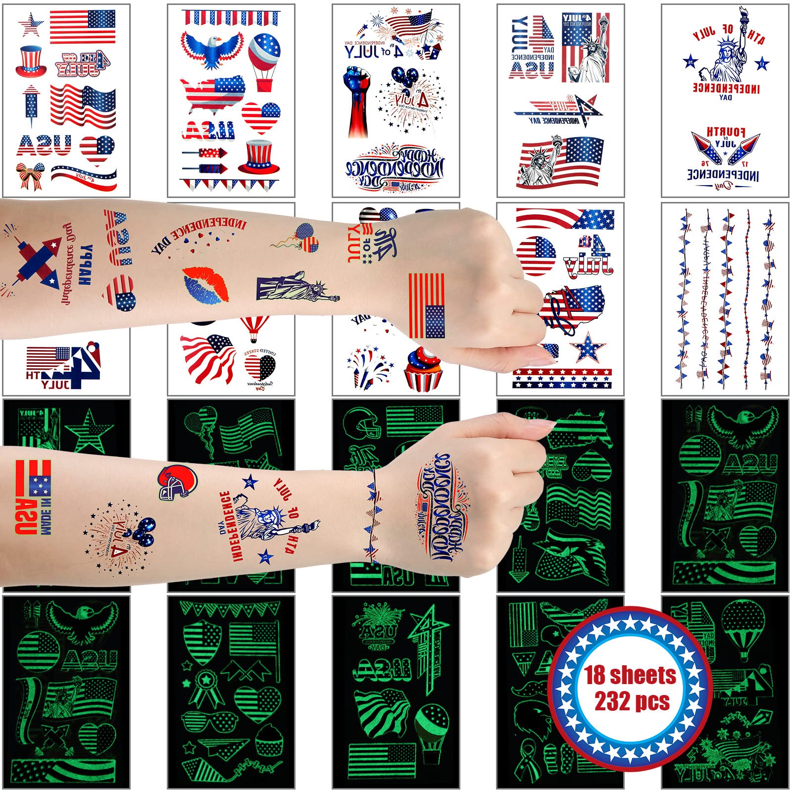 Buy 60 Sheets 4th of July Temporary Tattoo Glow in the Dark Patriotic