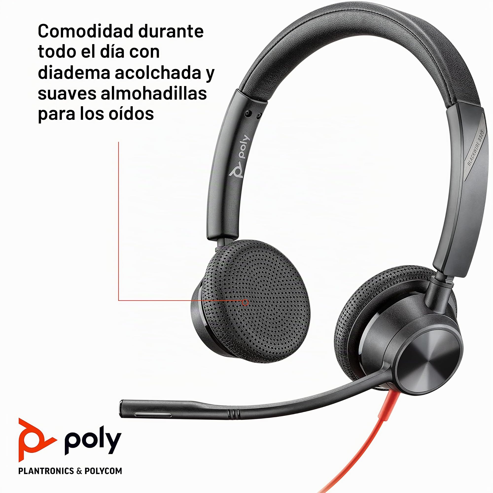 Plantronics, Blackwire 3325 USB-A, Poly, auricular con cable de dos oídos con micrófono de brazo, se conecta a PC o Mac mediante USB-A o a tablet o dispositivo móvil mediante un conector de 3.5 mm