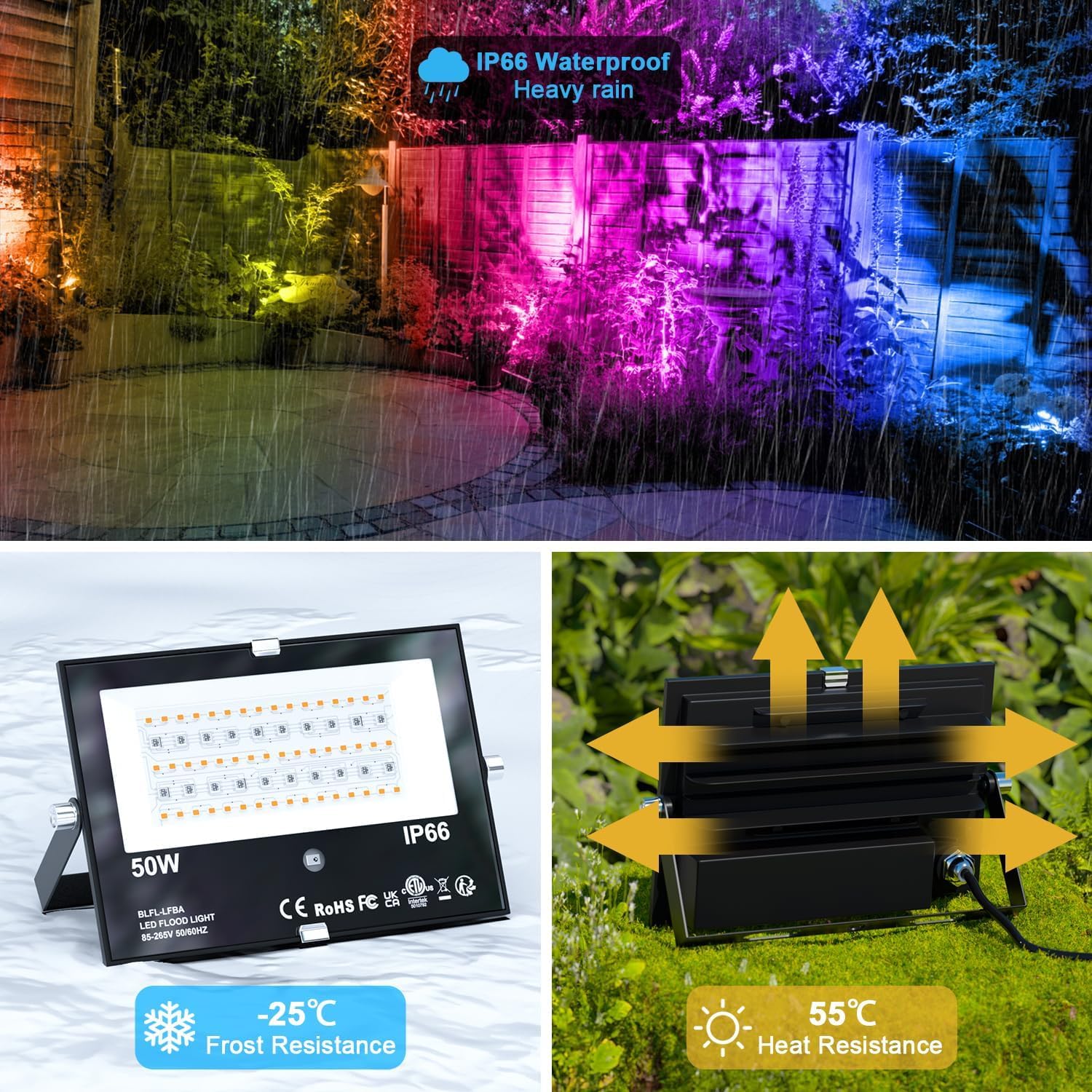 RGB LED Strahler Außen 50W Fluter Mit Fernbedienung, 120 Farben 5 Modi Farbwechsel Flutlicht LED Innen, 5000LM Kaltweiß IP66 Wasserdicht Außenstrahler für Garten, Hinterhof, Garage, Flur - 4er/Set