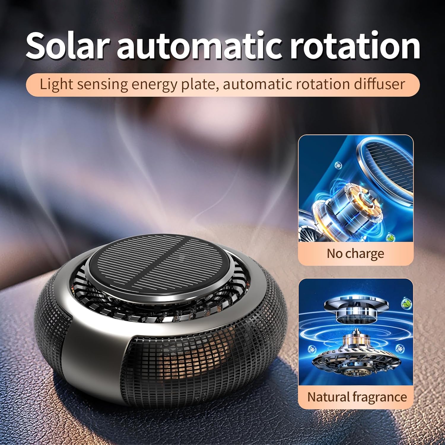 PaxView Smart Car Air Freshener Diffuser showing its solar automatic rotation feature, highlighting 'No charge' and 'Natural fragrance'.