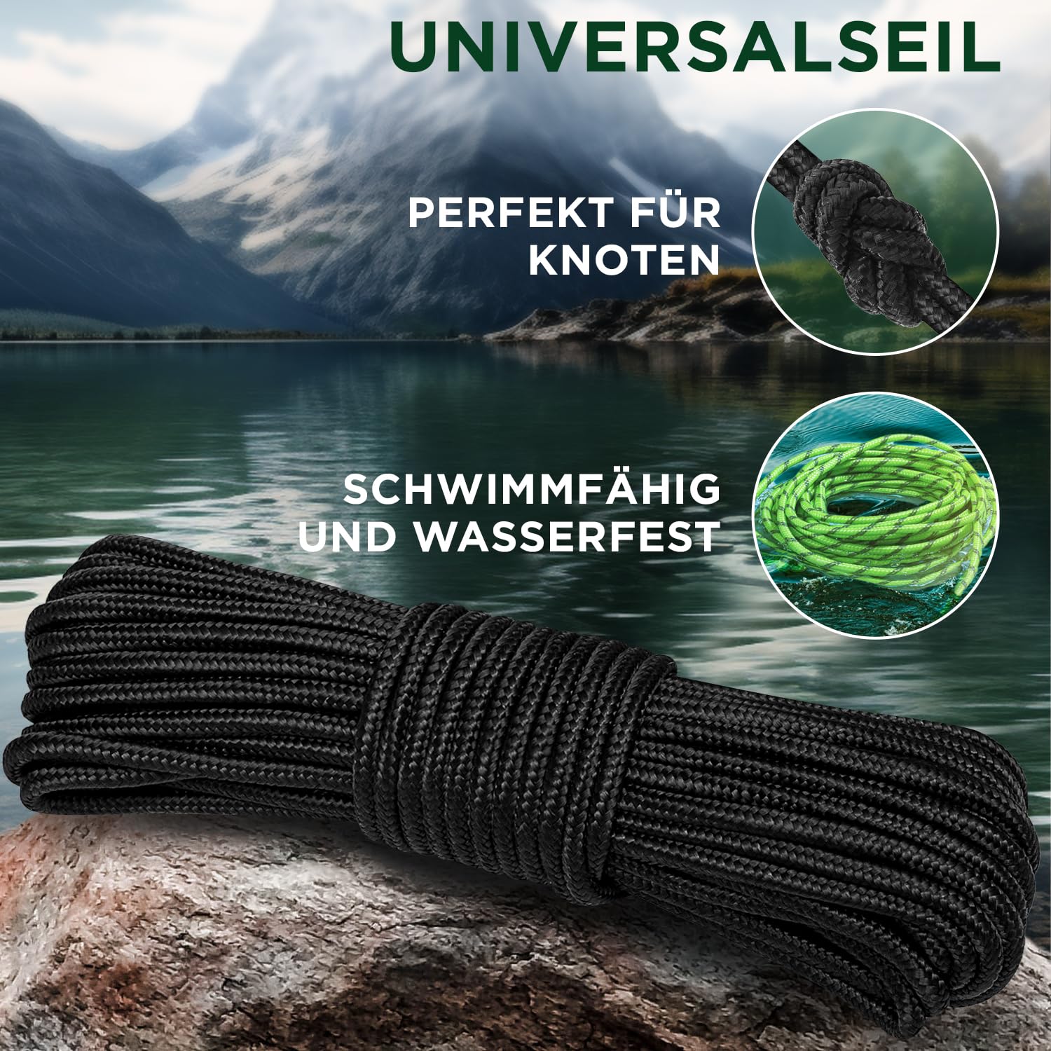 TECEUM Seil – 46M x 7mm (1/4 Inch) – Schwarz - Starkes Allzweckseil - Camping, Basteln, Fahnenmast, drinnen und draußen - Polypropylen Nylon Poly Leichtgewicht Diamant geflochtene Schnur