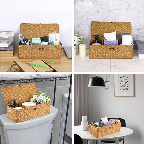 Miniatura 3 de Hipiwe Seagrass Storage Basket Bin with Lid Rectangular Woven Shelf Baskets with 3-Section Toilet Paper Basket Holder for Closets Pantry Bathroom