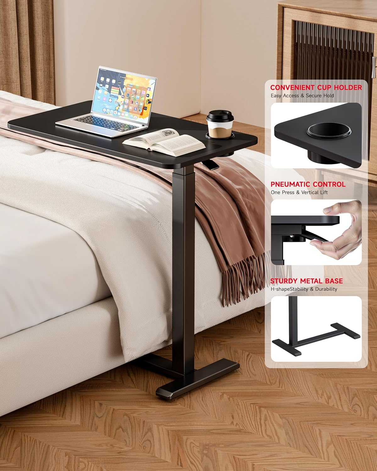 Okin Adjustable Bedside Table with Swivel Hidden Wheels Pneumatic Rolling Desk Mobile Standing Desk with Cup Holder for Hospital Home(27.6"x15.8" Black)
