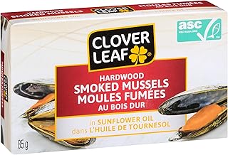 Clover Leaf Smoked Mussels in Sunflower Oil – 85g, 24 Count - Canned Mussels – High in Protein – 13g of Protein Per 65g Serving Drained – Hardwood Smoked
