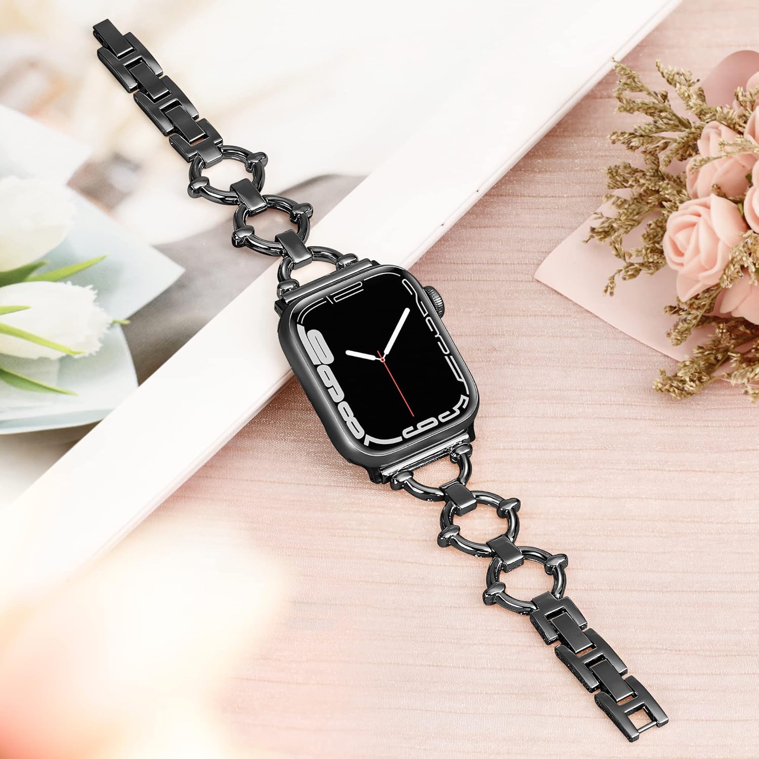 O-Shaped Metal Band for Apple Watch Band 46mm 45mm 44mm 49 42mm(S3) iWatch Series 11 10 9 8 7 6 SE 5 4 3 Ultra, Fancy Dressy Cute Slim Thin Bracelet for Apple Watch Bands for Women-Black - Image 4