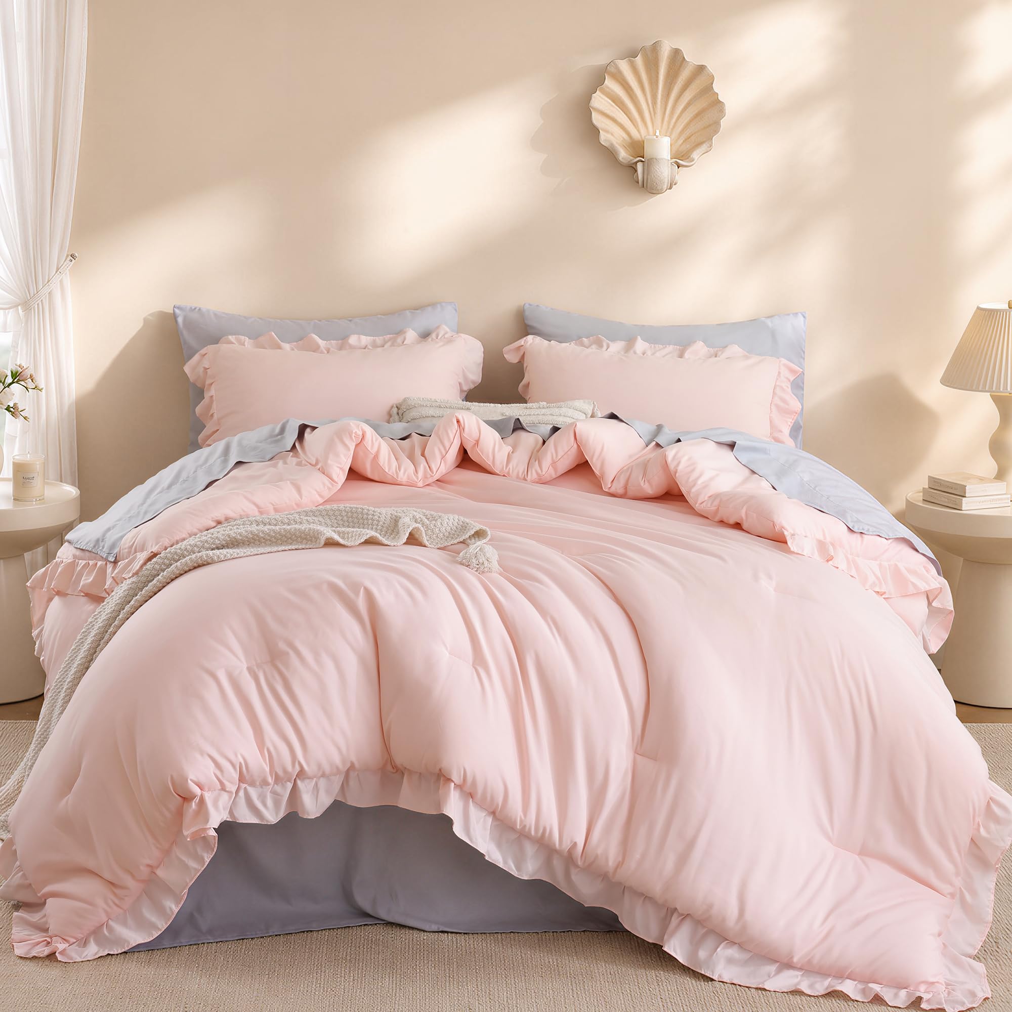 JANZAA Blush Pink Comforter Set California King, Ruffle Soft Bedding