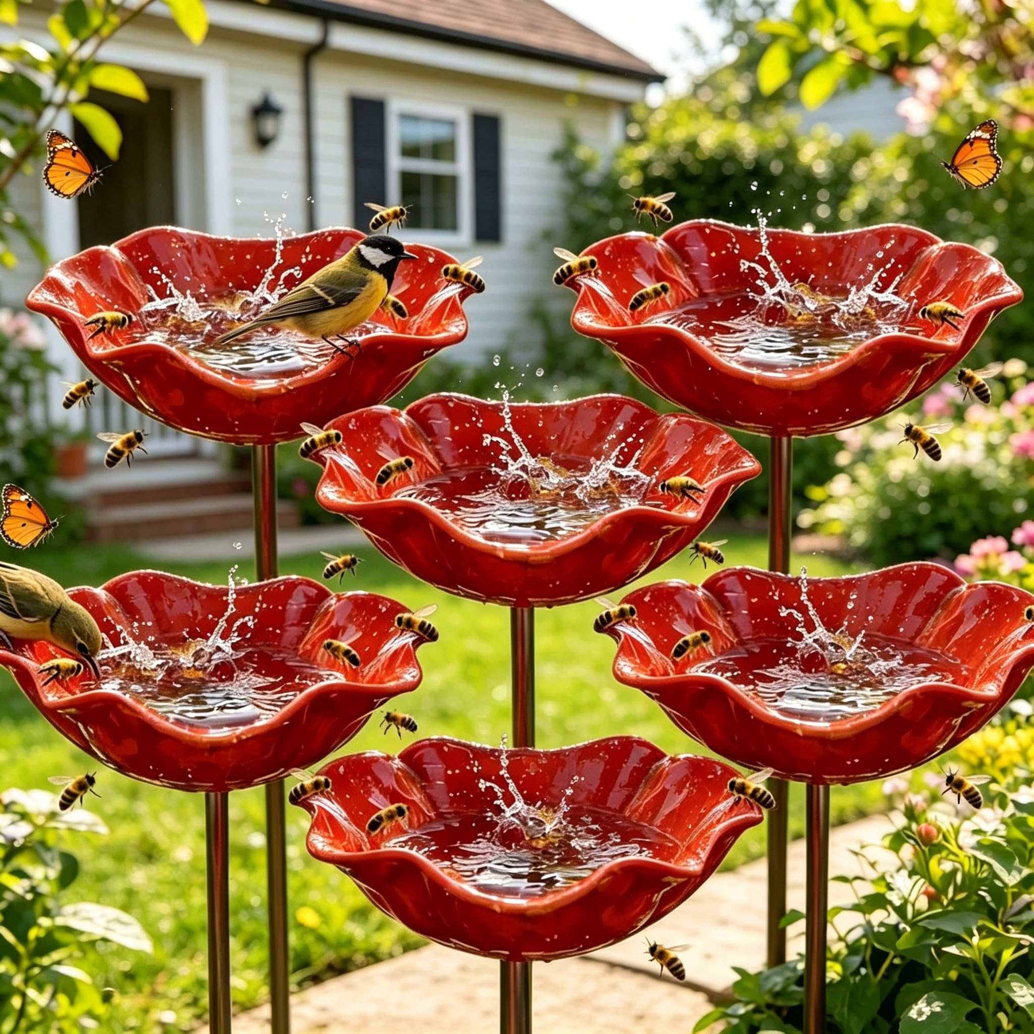 2026 Neue Blumen Gartenstecker Bienentränke Metall, Bienen-Vogeltränke,insektentränke Garten,Blumenform Fütterungsschale, Outdoor-Vogelfutterstation, Garten, Hof, Terrasse (6pcs)