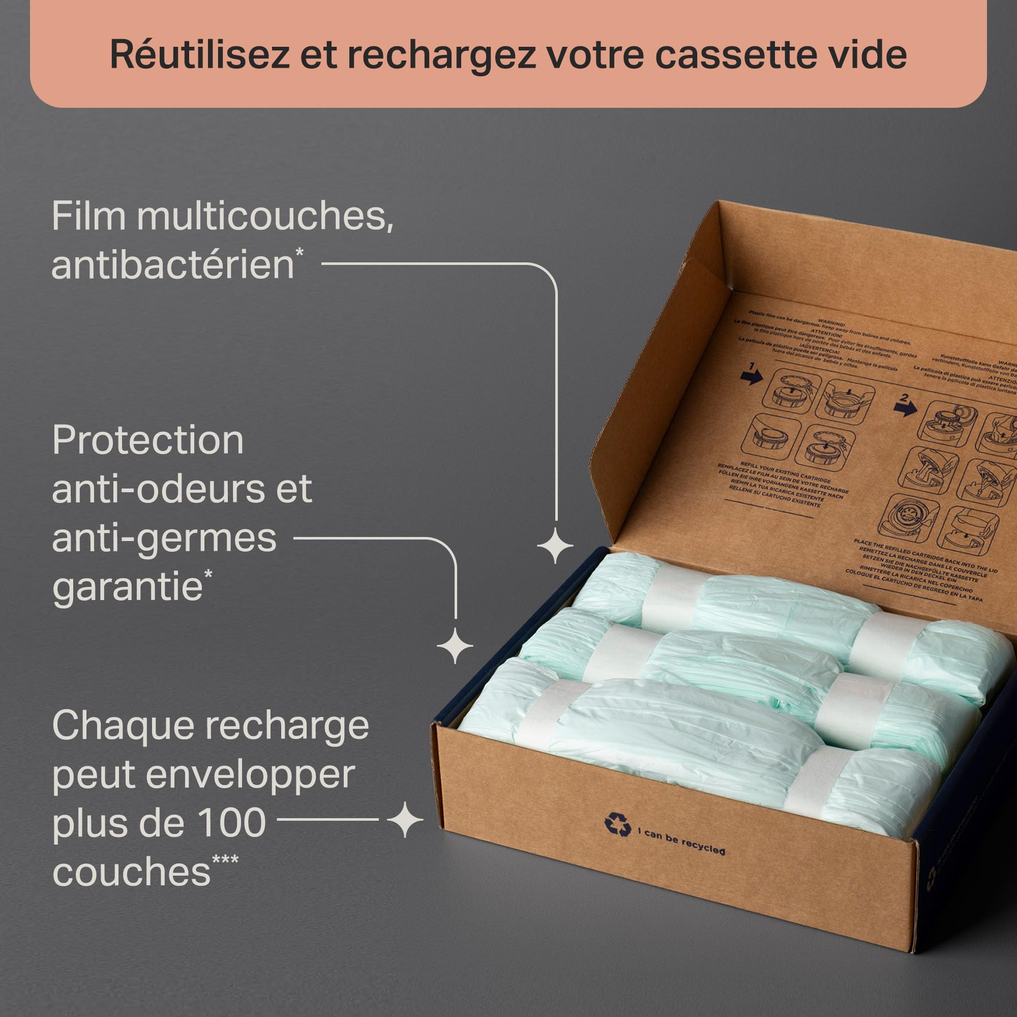 Tommee Tippee Film de Recharge Poubelle à couches Twist & Click, Lot de 6, 10,5m, Antibactérien