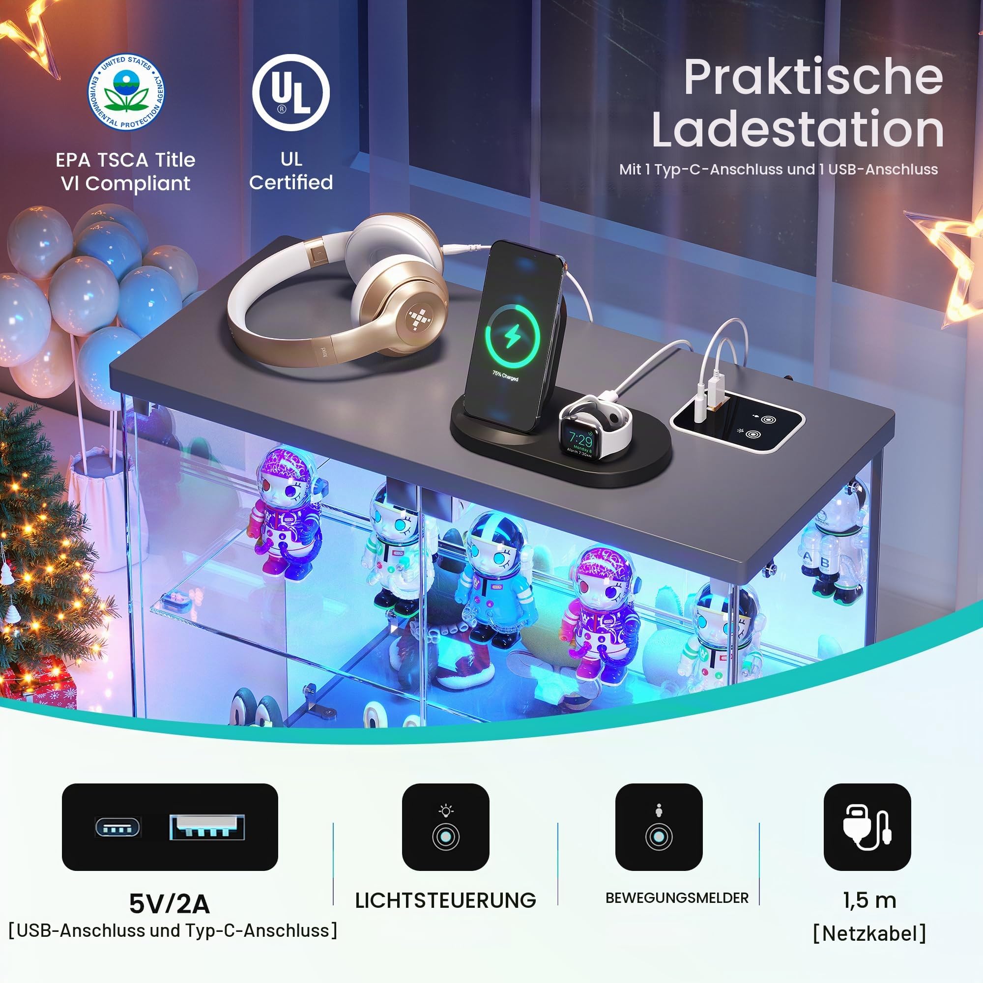 FREDEES Glasvitrine Stehend mit LED Beleuchtung - Kleine Zweistöckige Vitrinenschrank mit Ladestation, Vitrine mit Human-Sensor-Beleuchtung, für Figuren/Sammlerstücke/Spielzeug, Grau