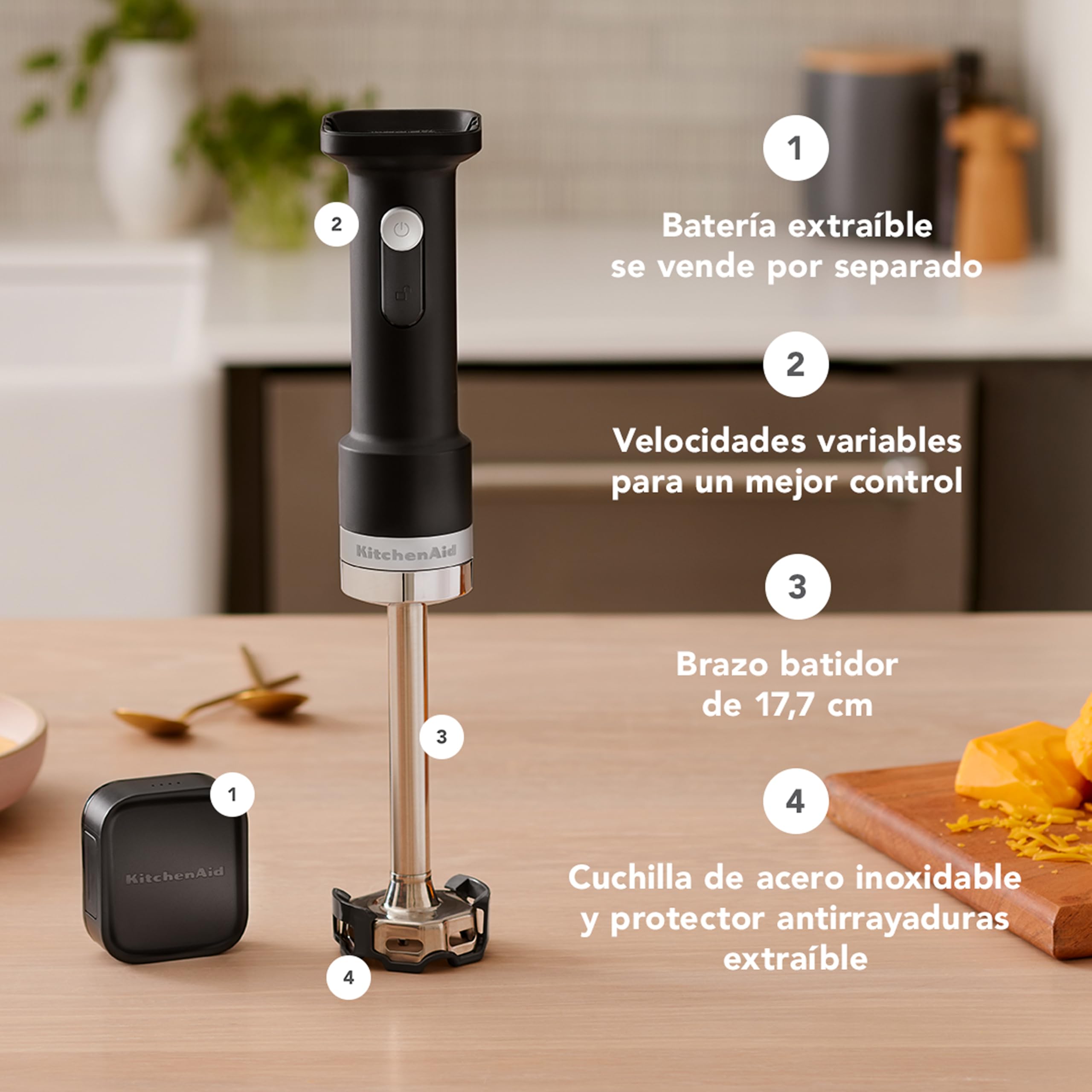 KitchenAid Go Batidora de Mano Inalámbrica, Brazo 17.78cm, Cuchilla 4 Puntas de Acero Inoxidable, Gatillo de Velocidad Variable, 30 Min Autonomía, Batería No Incluida, Negro Mate