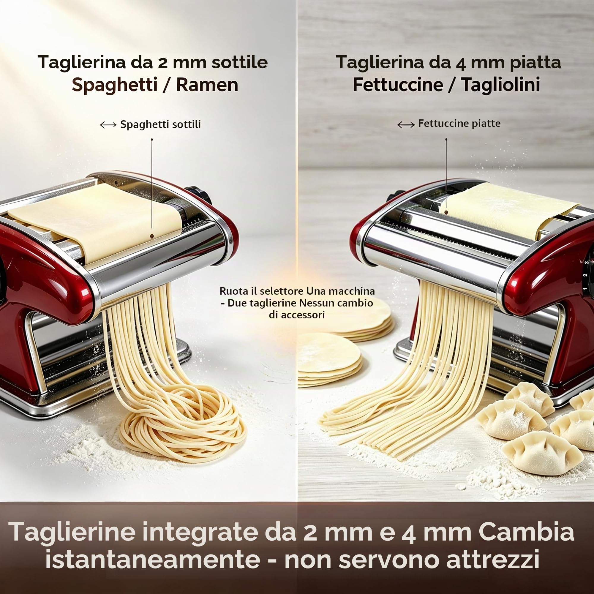 Macchina per pasta manuale SHILINTONG, macchina per pasta 2 in 1 in acciaio inossidabile con taglierine integrate da 2 mm e 4 mm, spessore regolabile da 0,3 a 5 mm per spaghetti, fettuccine