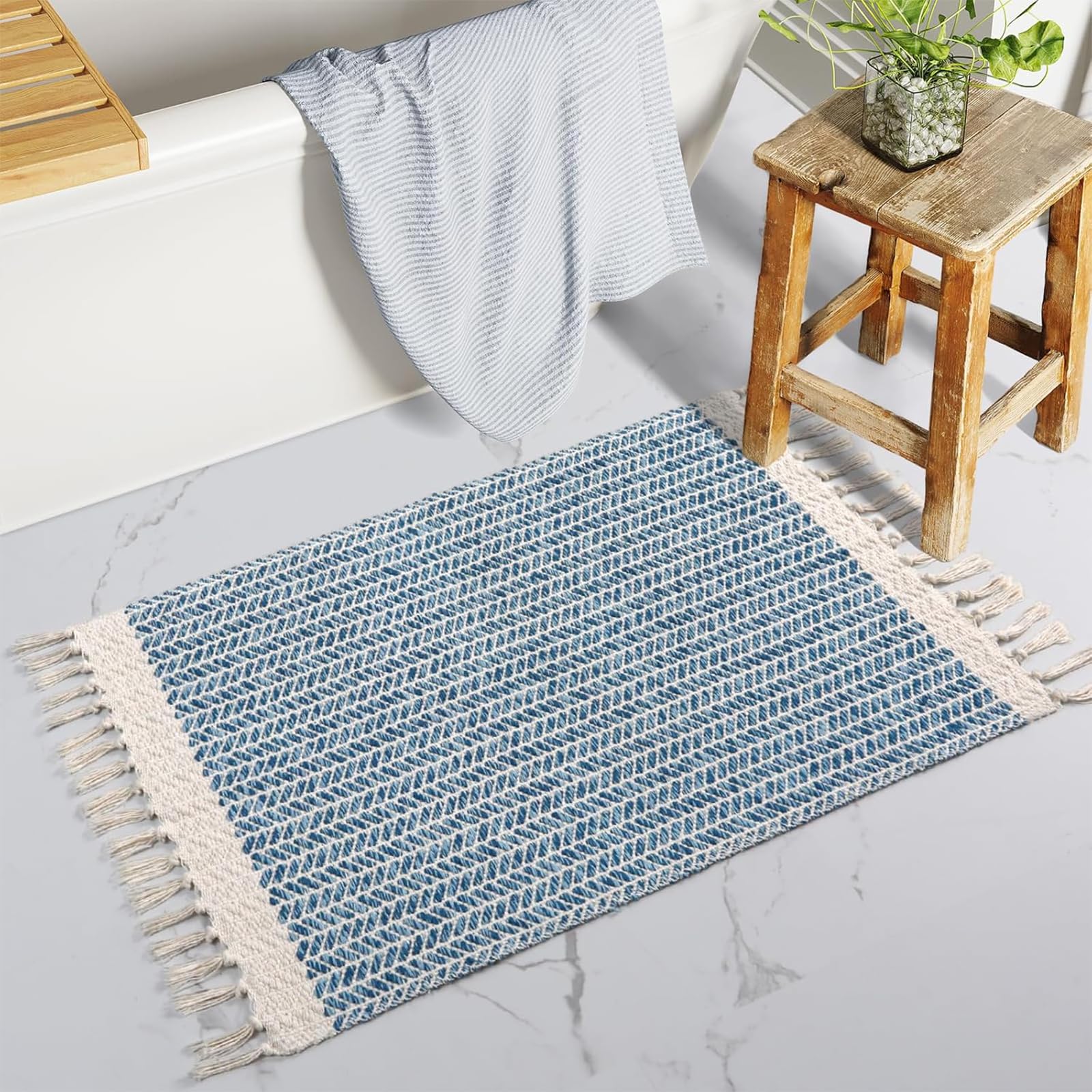 The Seeker Boho Bath Mat, Washable Thin Inside Door Mat, Soft Absorbent Kitchen Rug, Small Blue Woven Cotton Rug with Tassels, Low Pile Carpet for Entrance, Bathroom, Bedroom or Laundry — image 1