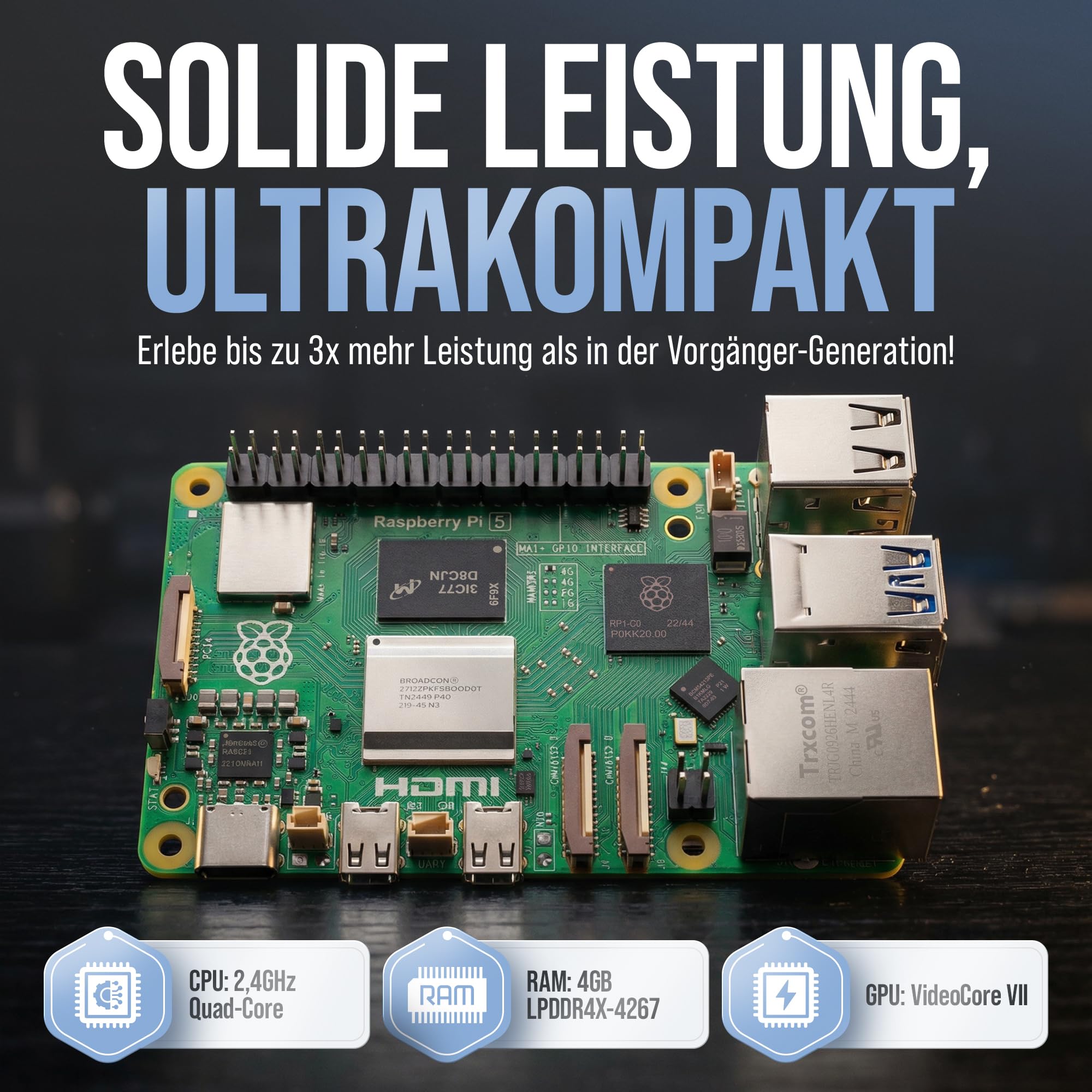 db-tronic Raspberry Pi 5 4GB Starter Set | 64GB Edition | Netzteil 27W | Gehäuse mit Lüfter | 4K Micro HDMI Kabel | Ideal für Smart Home, Retro Gaming & Home Assistant