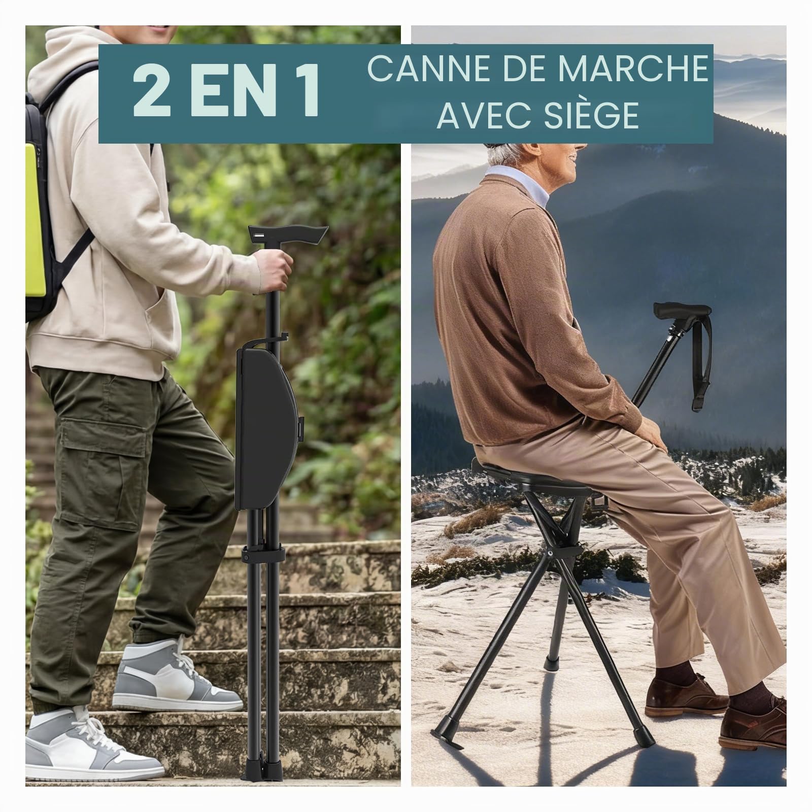 Canne de marche pliable avec siège 95-104 cm, Charge max.: 250 kg