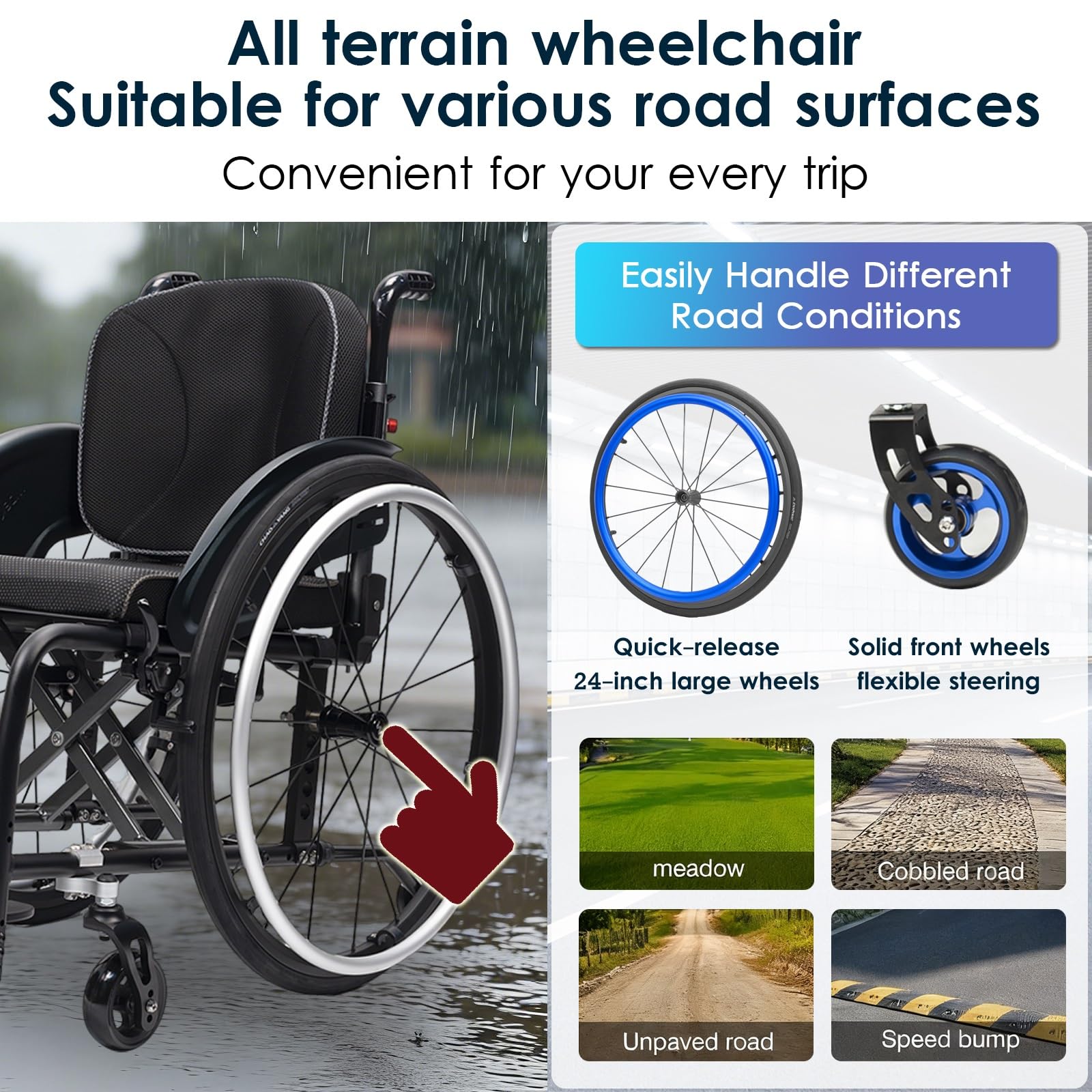 Silla de ruedas manual ligera, silla de ruedas deportiva ultraligera portátil todo terreno, silla de ruedas plegable, sillas de ruedas de transporte con antivuelco(Black B,38cm/15in)