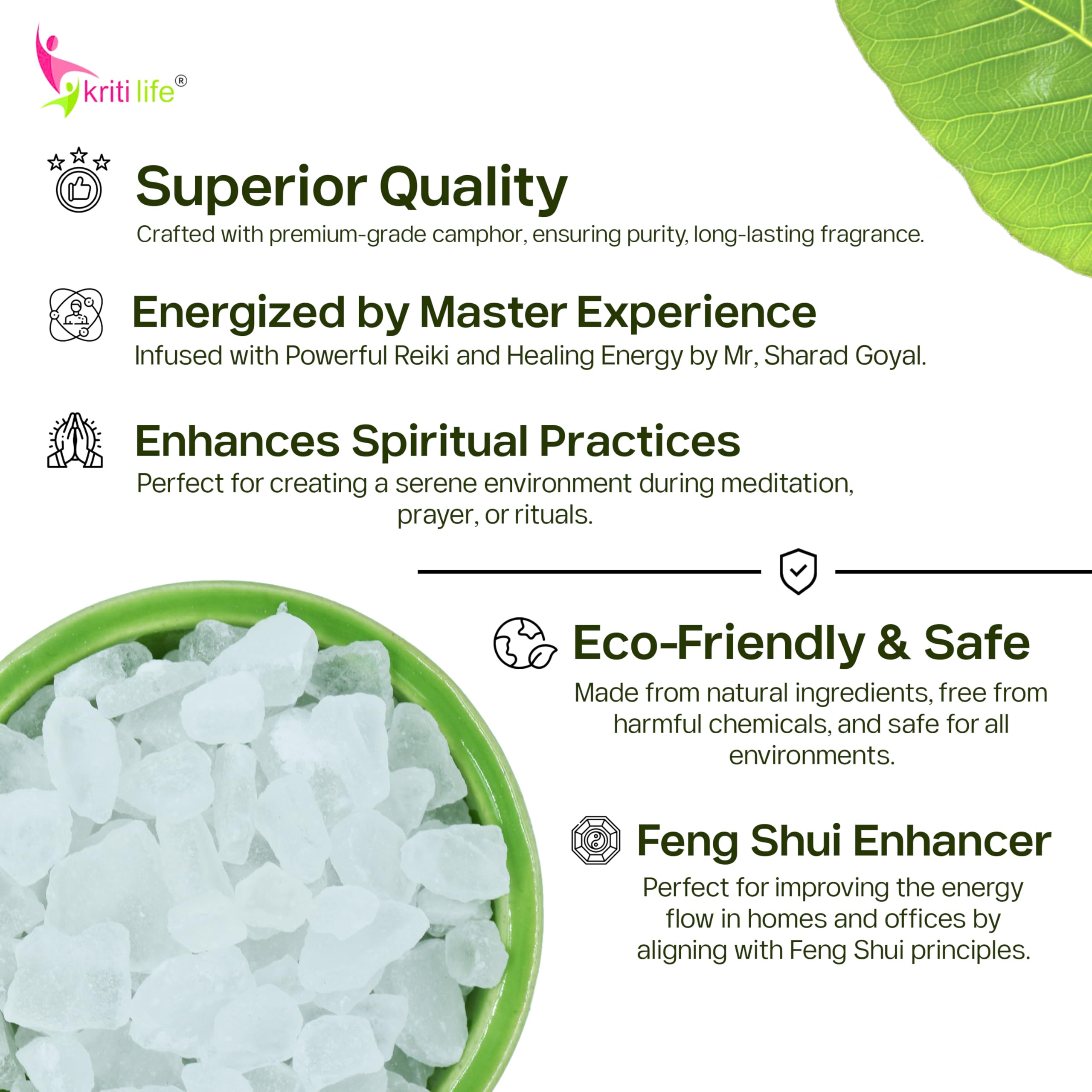 Kriti Life Energised Camphor Feng Shui 500 Gram | Organic Pure White Kapoor for Pooja Hawan | Home Fragrance | Aromatherapy | Kapoor Dani & Diffuser Suitable - Image 7 thumbnail