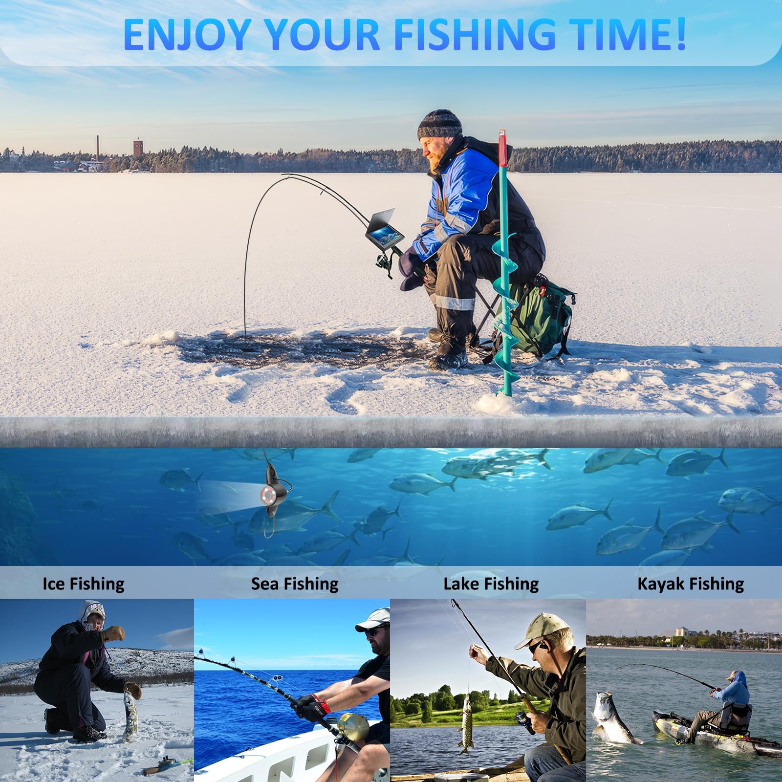 Cámara Submarina para Pesca 7 Pulgadas 720P HD, 4 Luces IR Nocturnas, 110° Vista Gran Angular, Monitor a Color IP68, Cable de 20m, Ideal para Pesca en Hielo/Nocturna, Incluye Tarjeta 32GB
