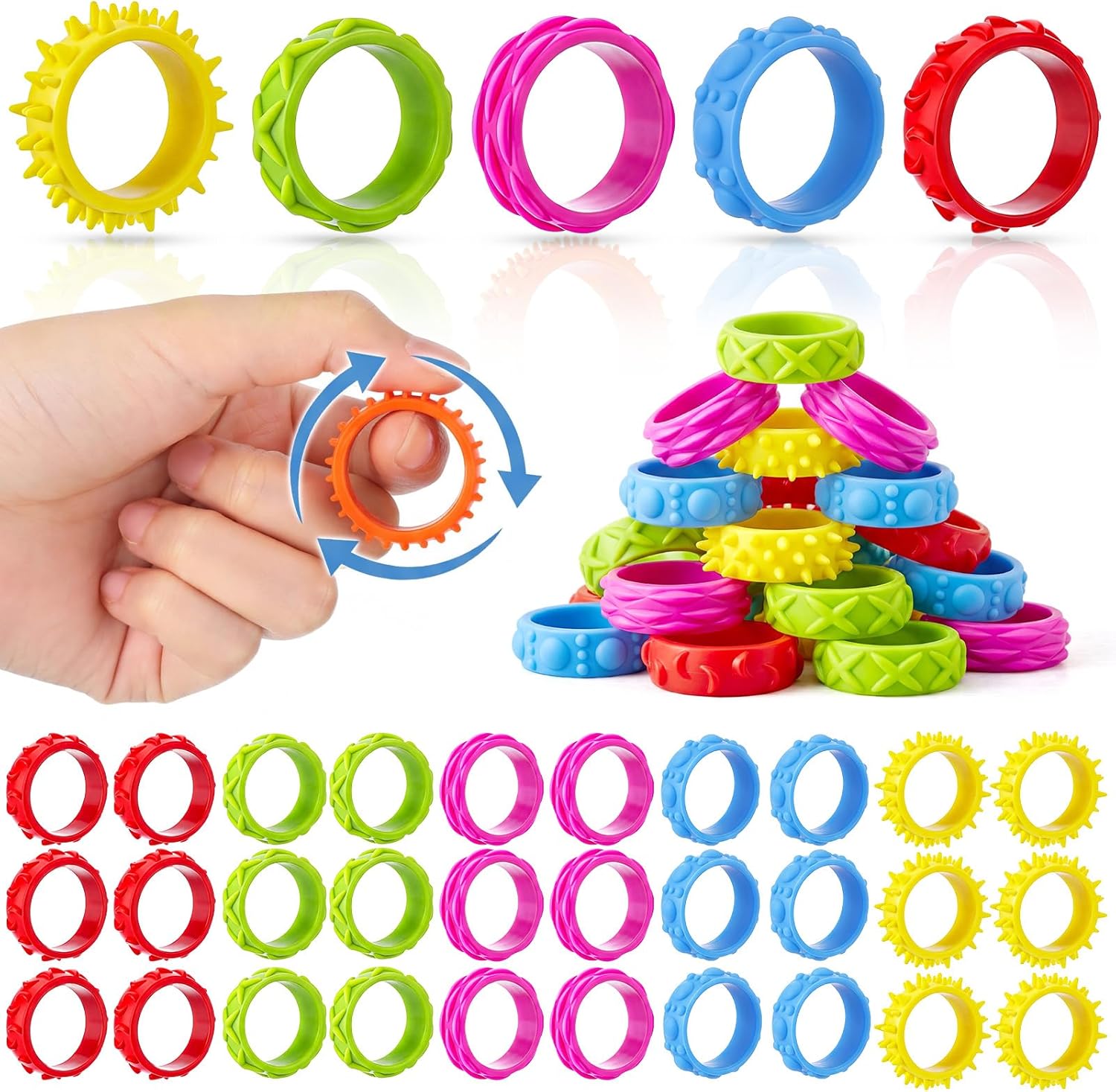 48 Pack Sensory Toys Fidget Rings for Kids Texture Finger Spinner Rings for Anxiety Relief Autism ADHD Quiet Fidgets for Classroom Prizes Party Favors Bulk Piñata Stuffers