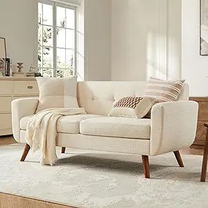 Tbfit 65" W Loveseat Sofa, Mid Century Modern Decor Love Seat Couches for Living Room, Button Tufted Upholstered Small Couch for Bedroom, Solid and Easy to Install Love Seats Furniture, Beige