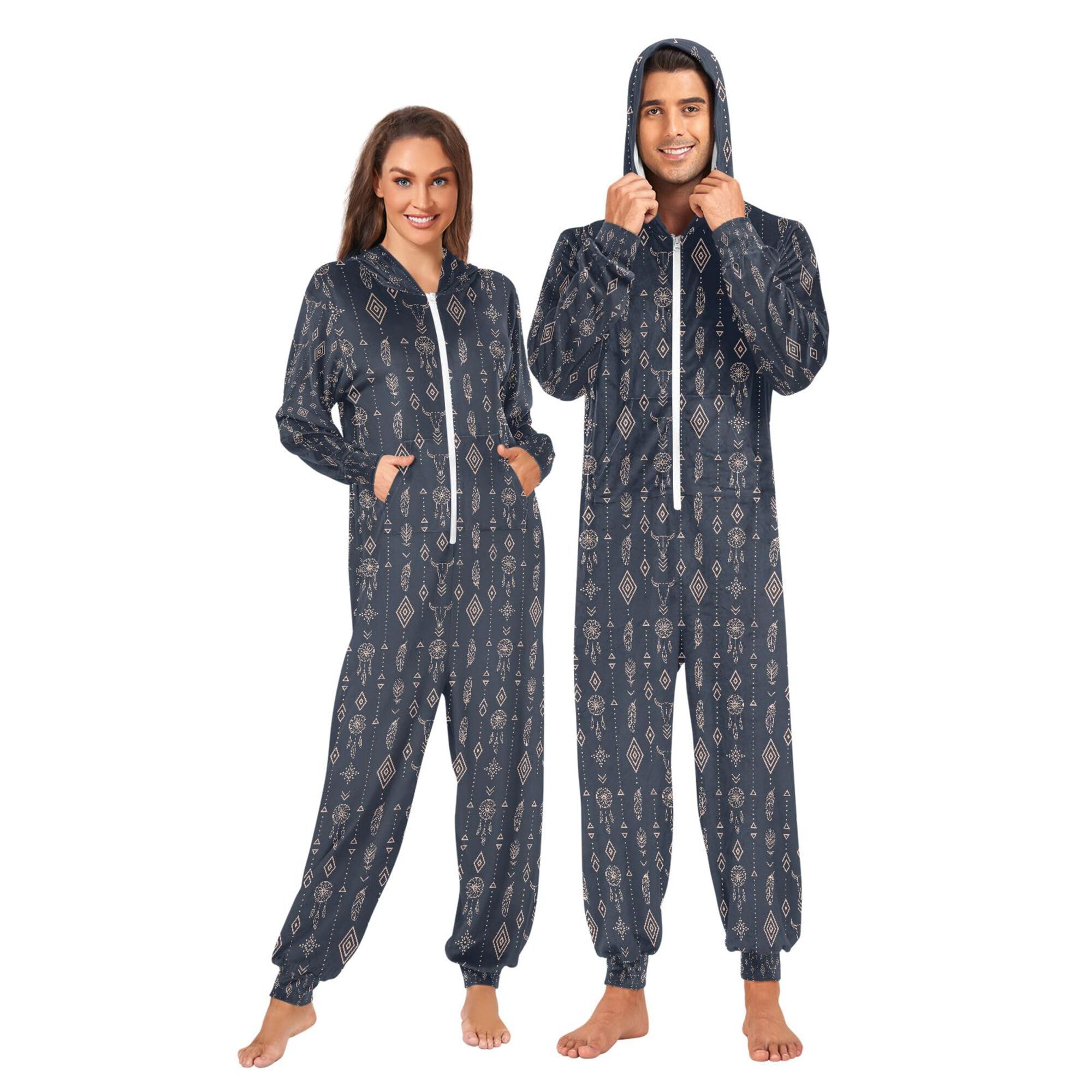 Onesie dla mężczyzn piżama z kapturem damskie zestawy piżam zachodnich czaszki byka i geometryczna bielizna nocna