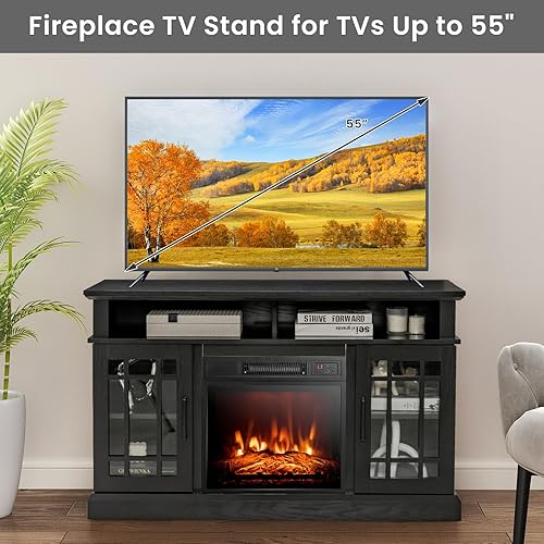 Miniatura 4 de SIMOE Moderno soporte de TV eléctrico de 48 pulgadas, consola de TV para televisores con chimenea de 18 hasta 55 pulgadas con 2 estantes abiertos y