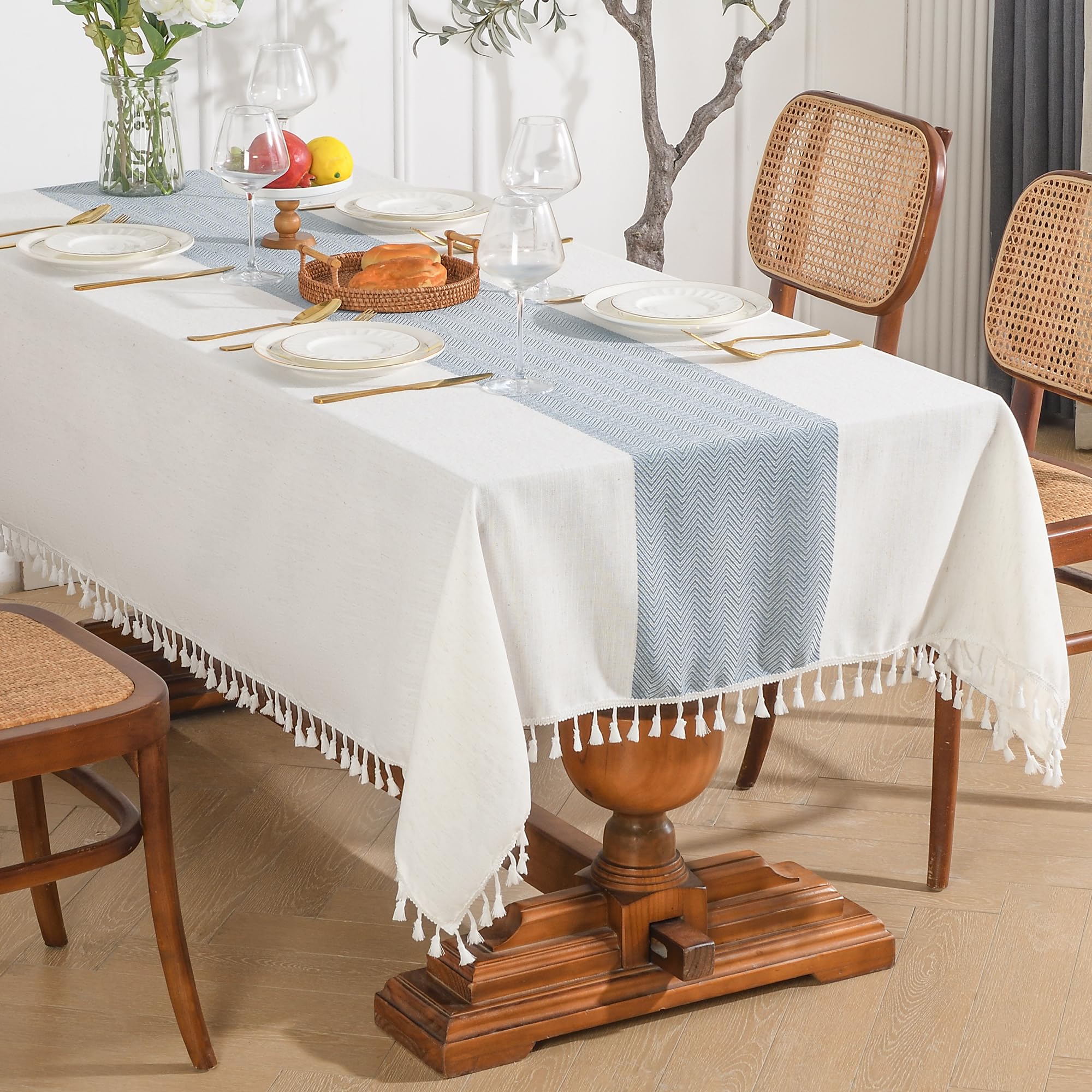 Oubonun Waterproof Heavyweight Cotton Linen Rectangular Farmhouse Tablecloth with Boho Tassels – Wrinkle Free, Wipeable & Washable for Kitchen &