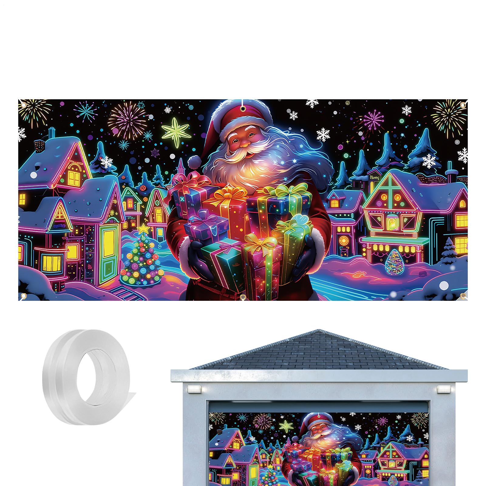 Décoration de vacances fluorescente UV pour porte de garage bâche Noël 4x1.8m - 8