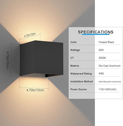Miniatura 7 de Aoceley Paquete de 2 lámparas LED de pared para exteriores, aluminio, IP65, impermeables, arriba y abajo, iluminación de pared, exteriorinterior, 20
