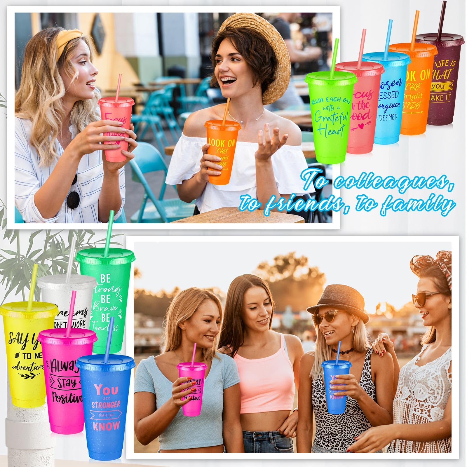 Uiifan Lot de 50 gobelets en plastique réutilisables avec couvercle et paille – Pour bureau, école, salle de classe – 700 ml – Cadeaux inspirants – Cadeau de Noël (couleurs vives)
