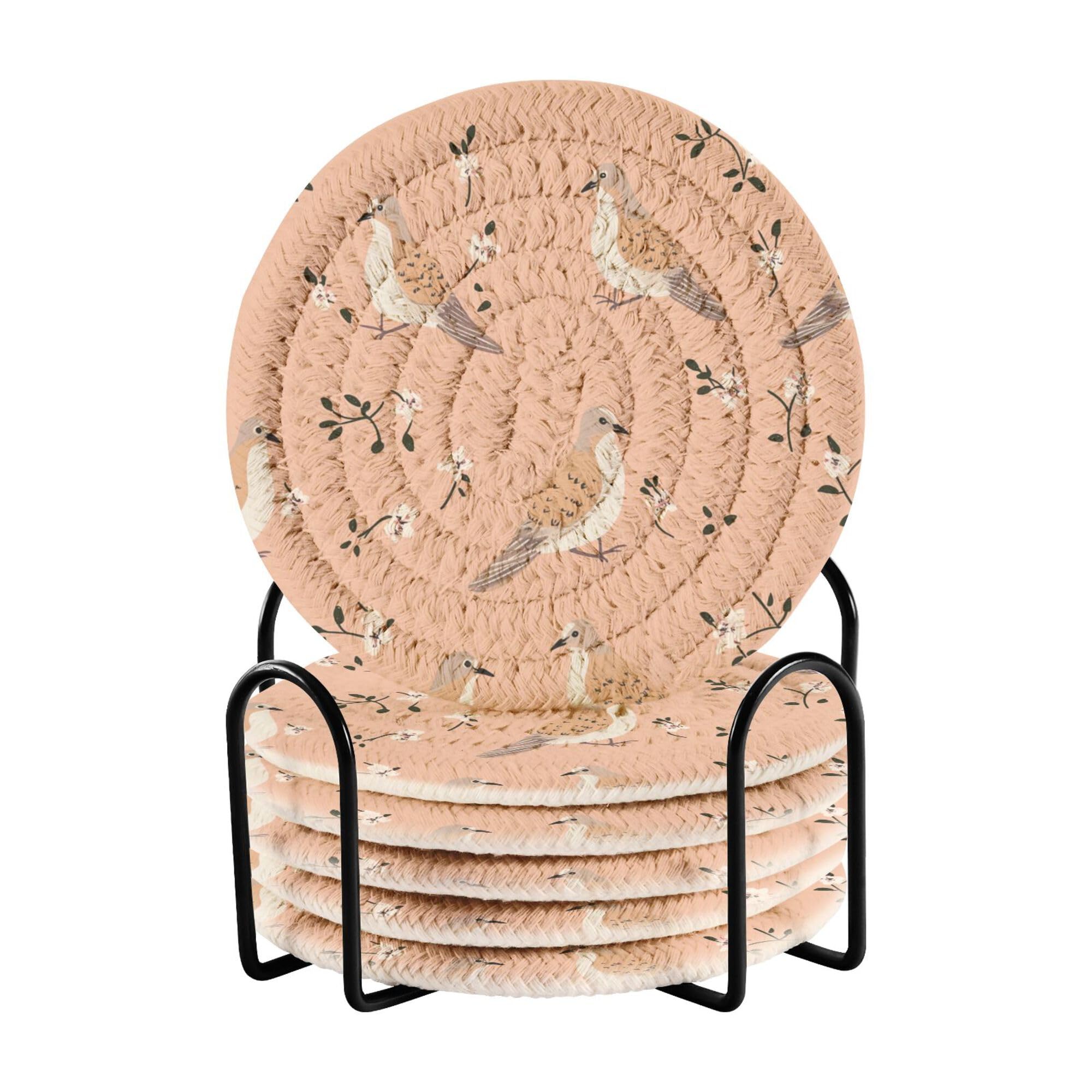 Cartoon Mourning Dove Birds Peach Cotton Rope Absorbent Coasters Set with Holder 6 Pack Cotton Coasters