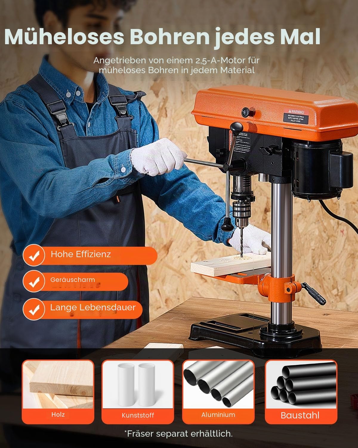 VEVOR 203mm Tischbohrmaschine, 500 W Induktionsmotor, Tischbohrmaschine mit 550/950/1450/1950/2500 U/min einstellbarer Geschwindigkeit, 0-45° neigbarer Arbeitstisch, LED-Arbeitsleuchte, für Holzmetall