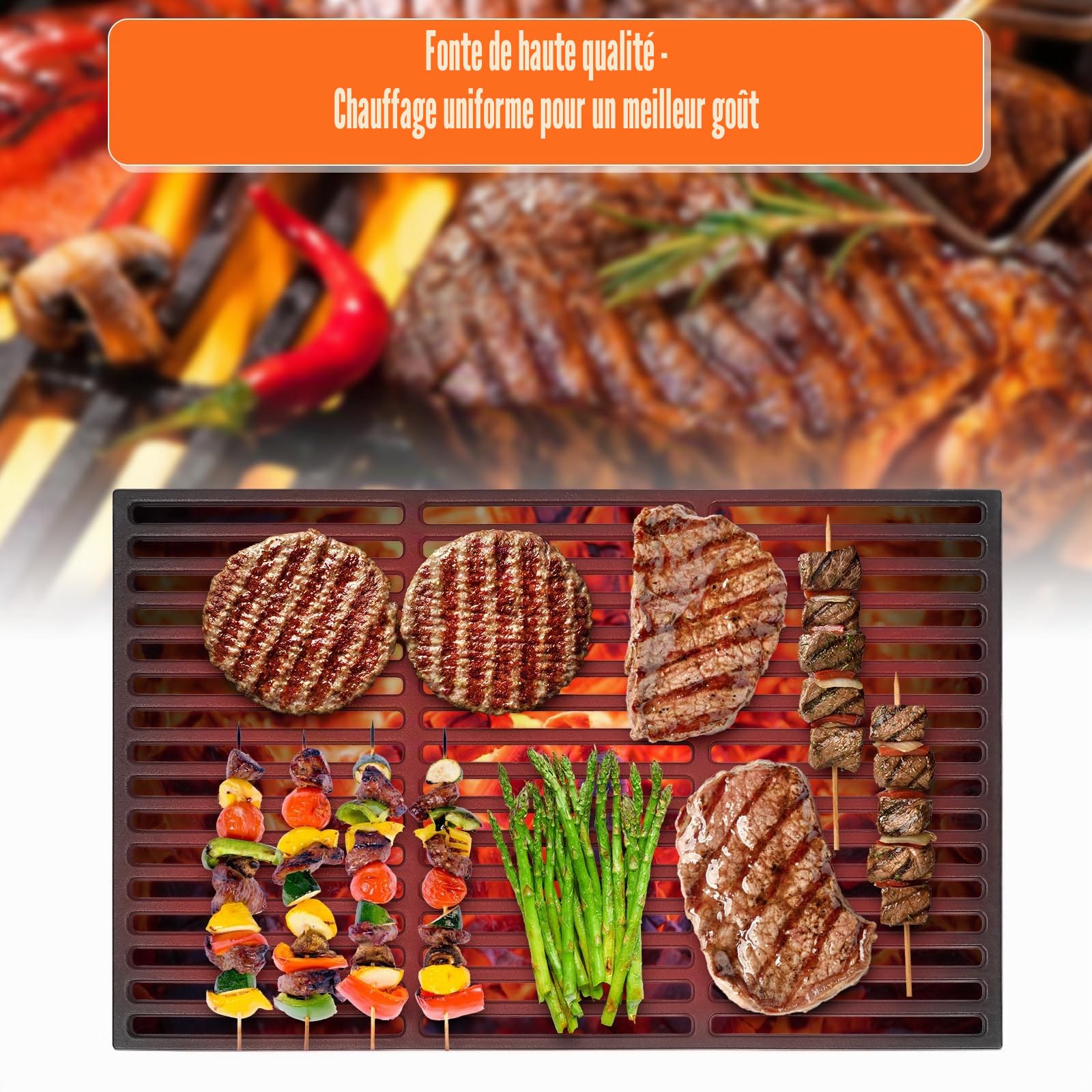 Denmay Grille de cuisson en fonte émaillée - 60 x 40 cm - Pour barbecue à gaz, charbon de bois, barbecue et plus encore - Pièces de rechange